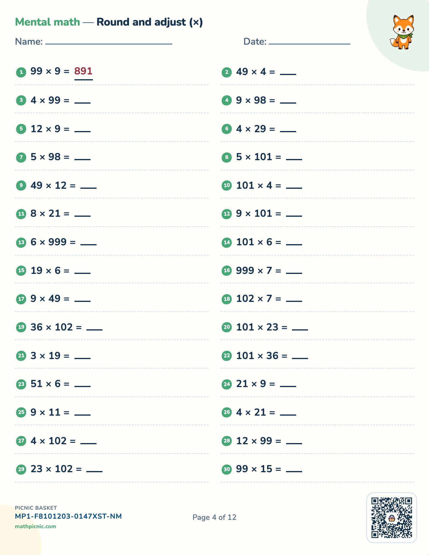 Mental math drill pack — Round and adjust (×) worksheet