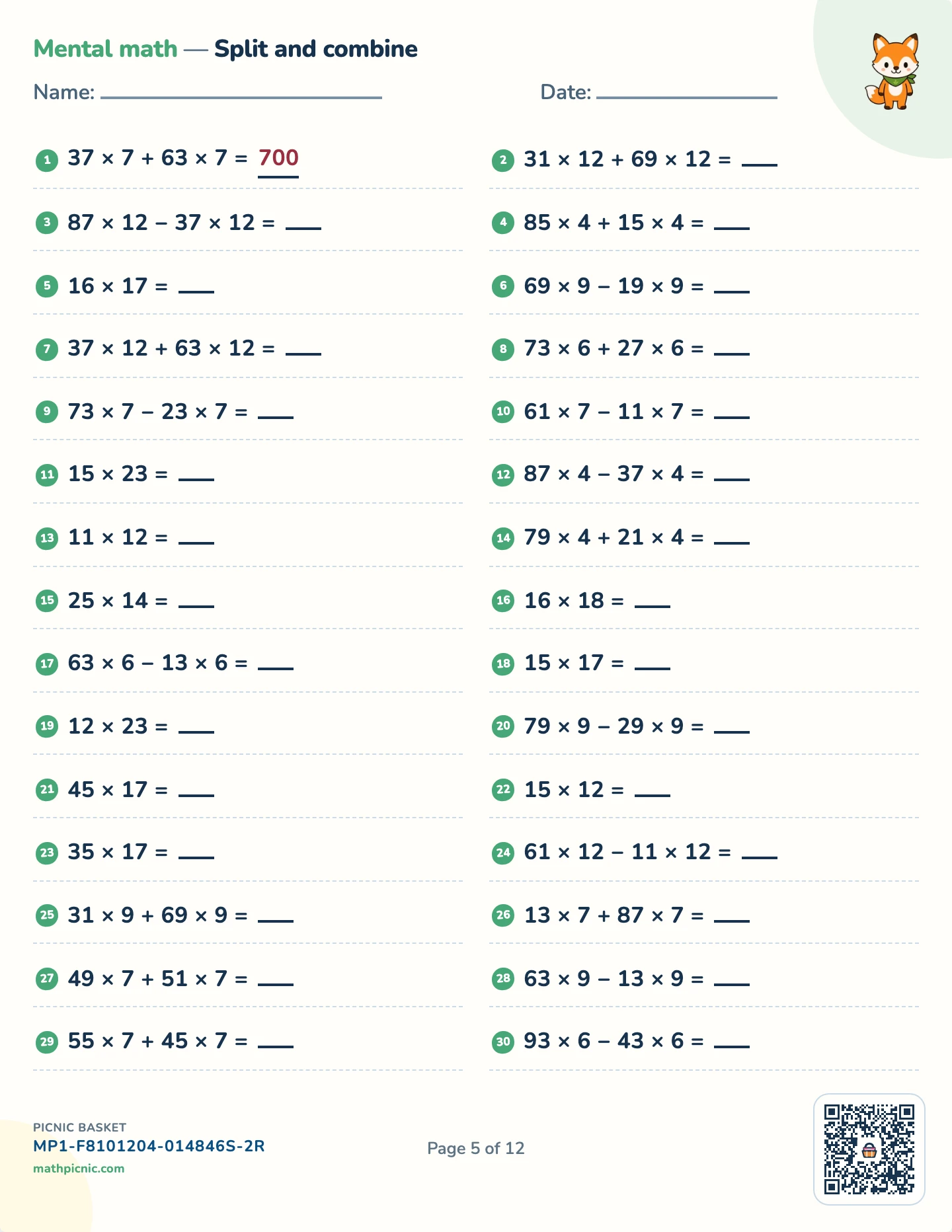 Mental math drill pack — Split and combine (×) worksheet