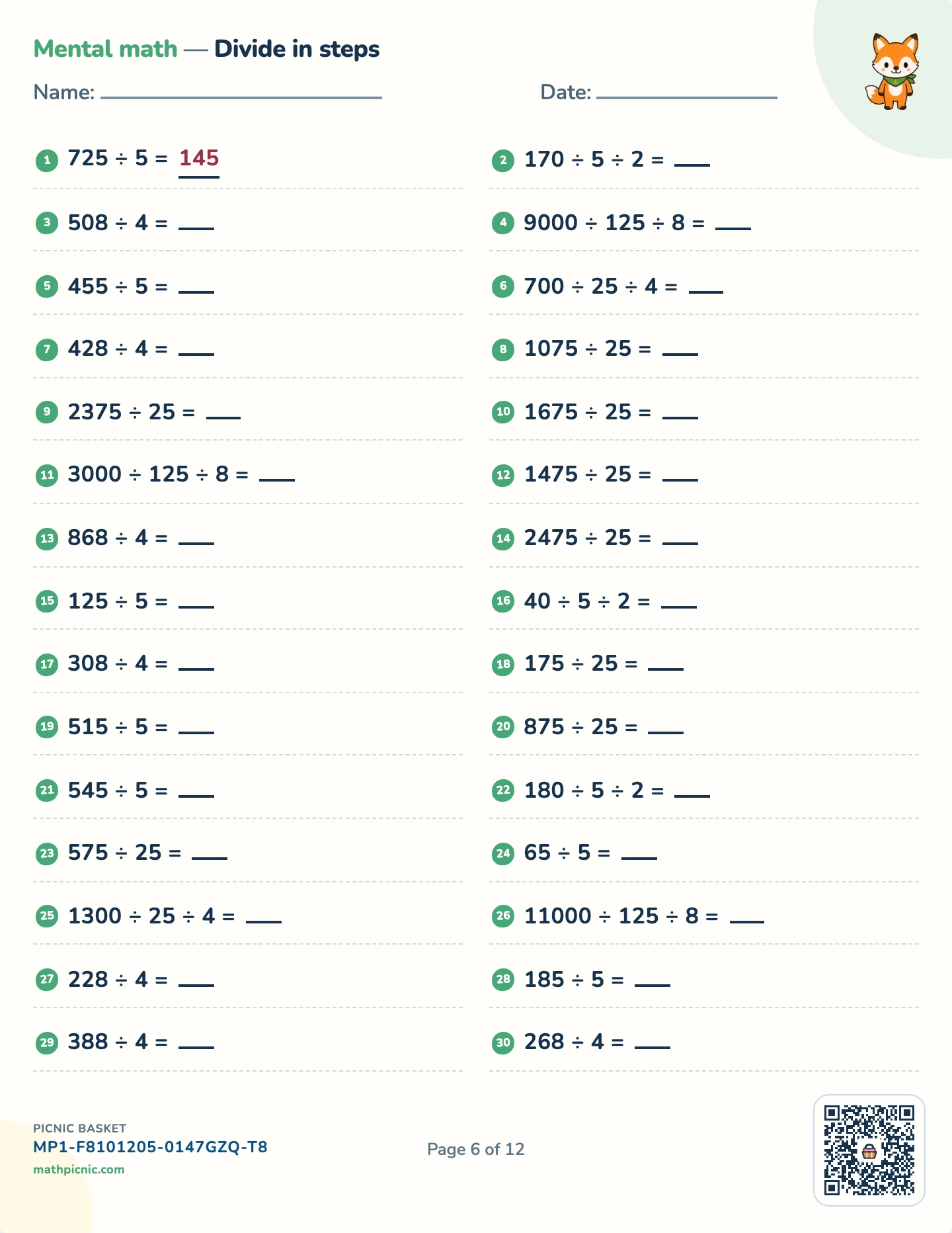 Mental math drill pack — Divide in steps (÷) worksheet