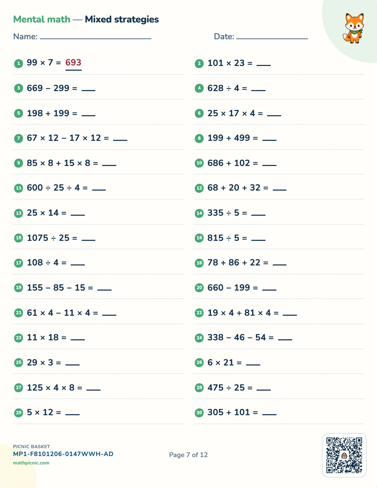 Mental math drill pack — Mixed worksheet