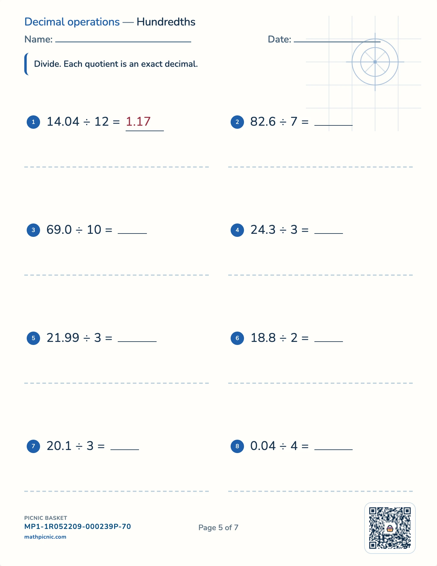 Multiplying and dividing fractions and decimals pack — Dividing decimals worksheet
