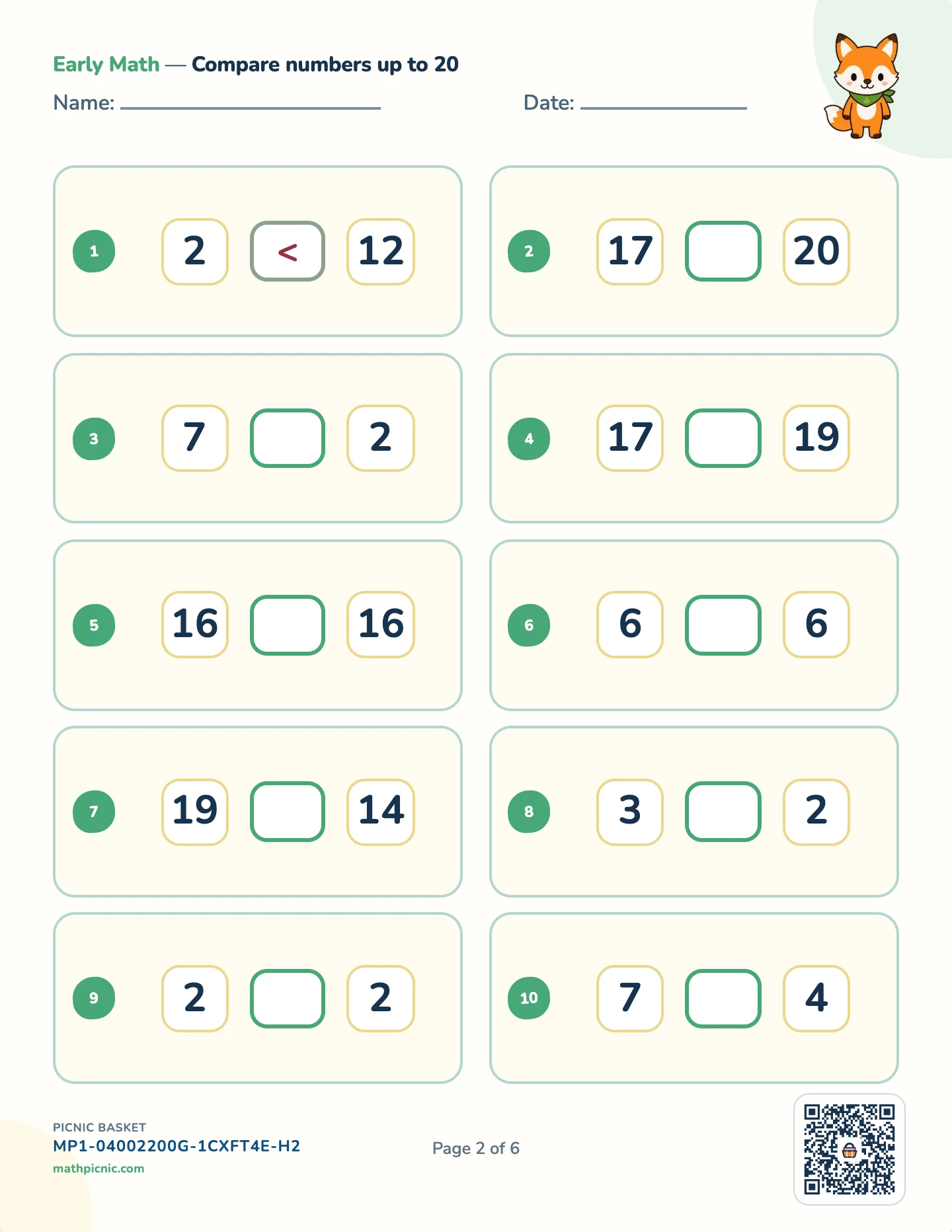 Number sense pack — Compare numbers worksheet
