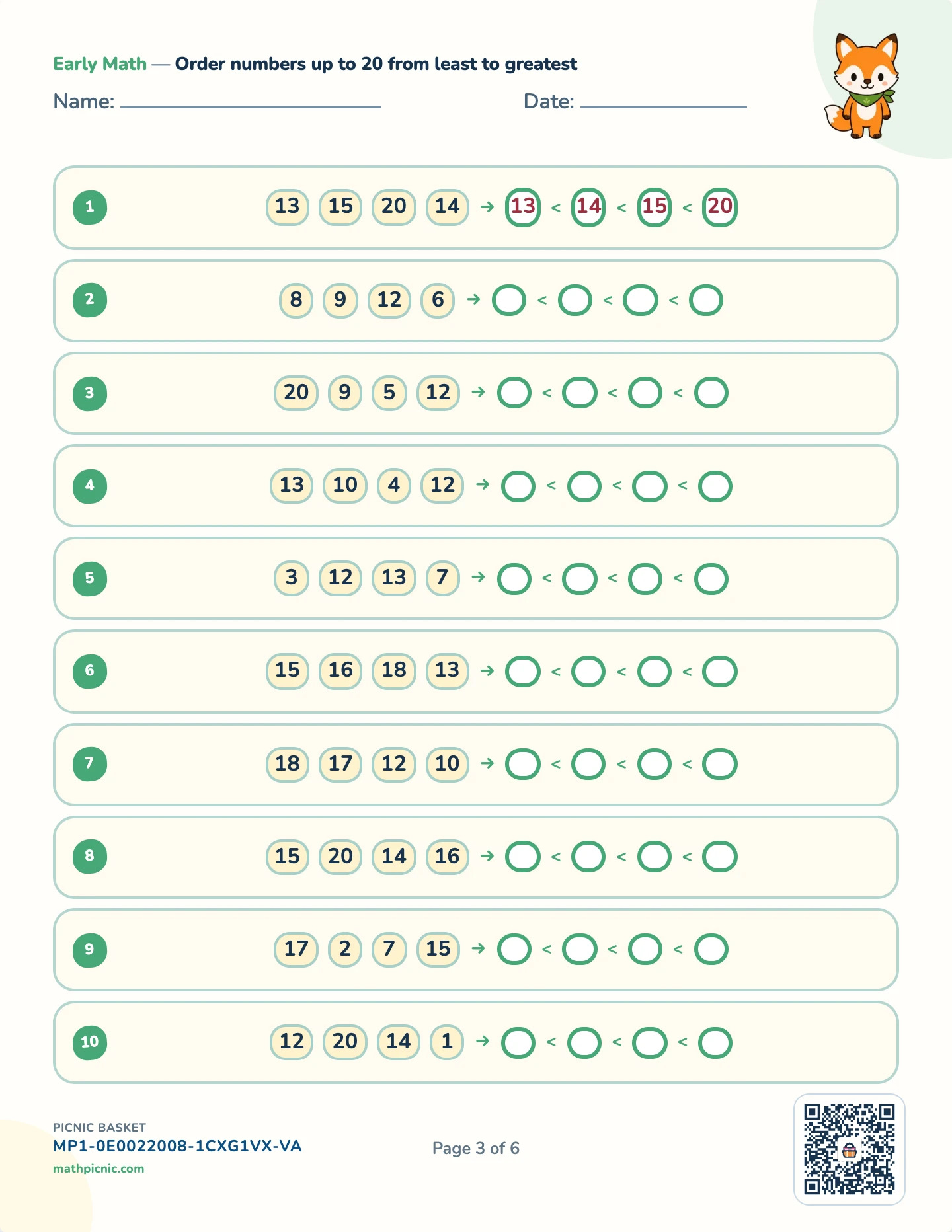 Number sense pack — Ordering worksheet