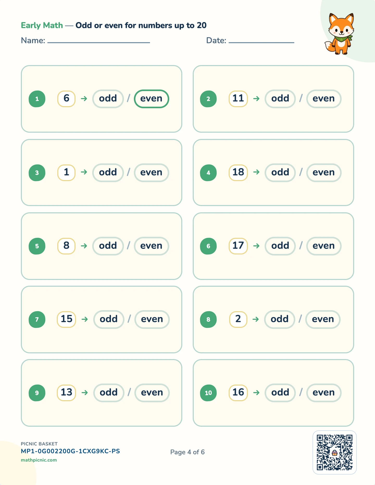 Number sense pack — Odd or even worksheet