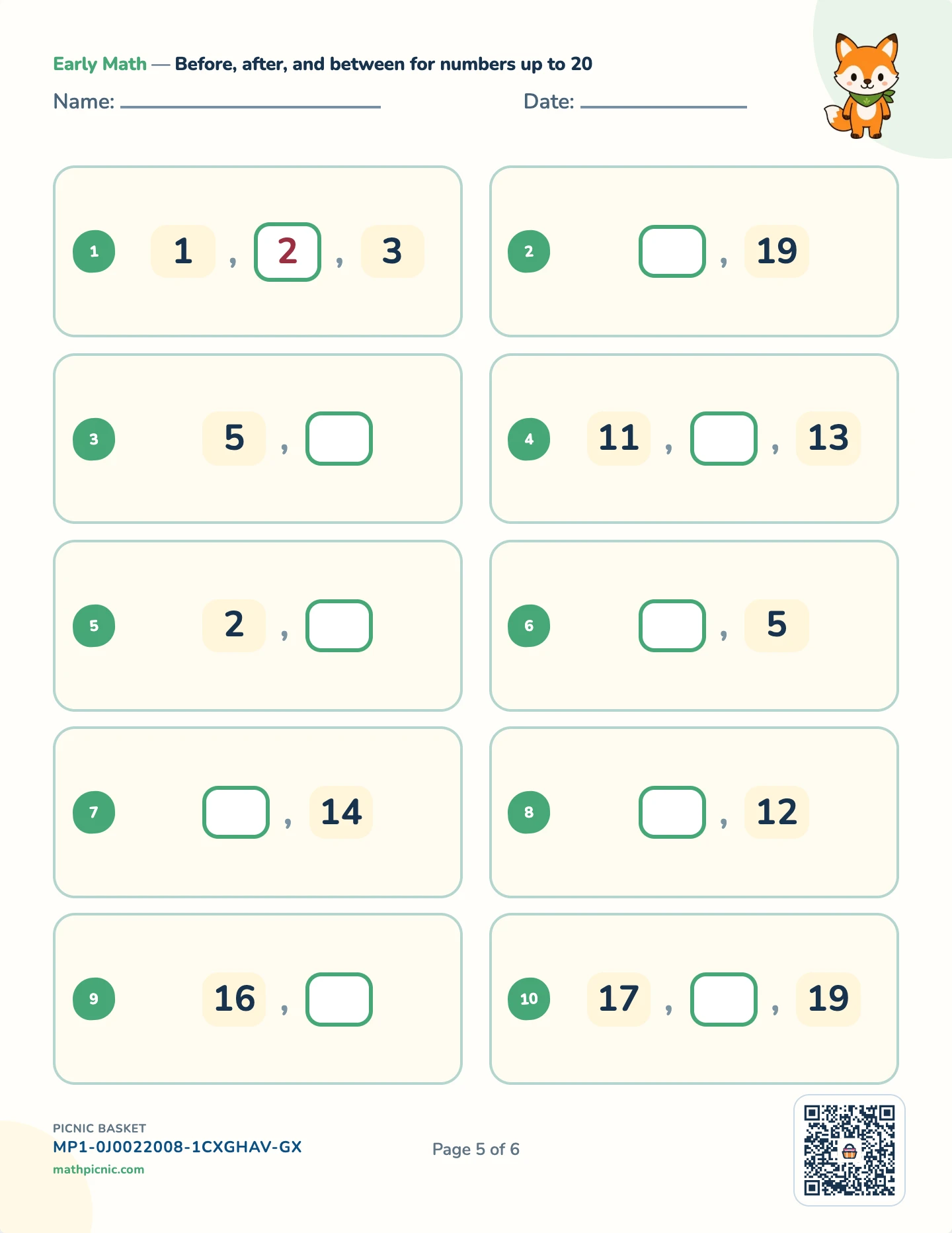 Number sense pack — Before & after worksheet