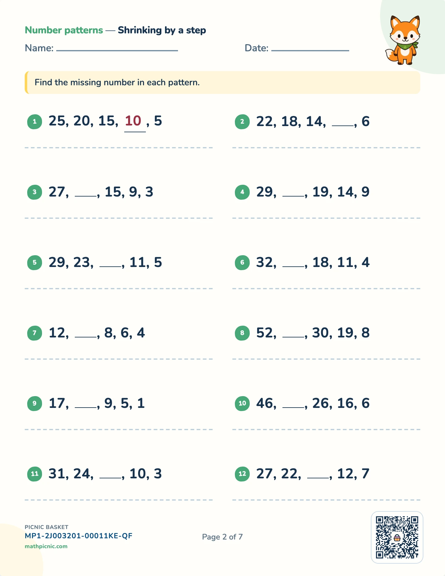 Patterns and powers pack — Subtract a step worksheet