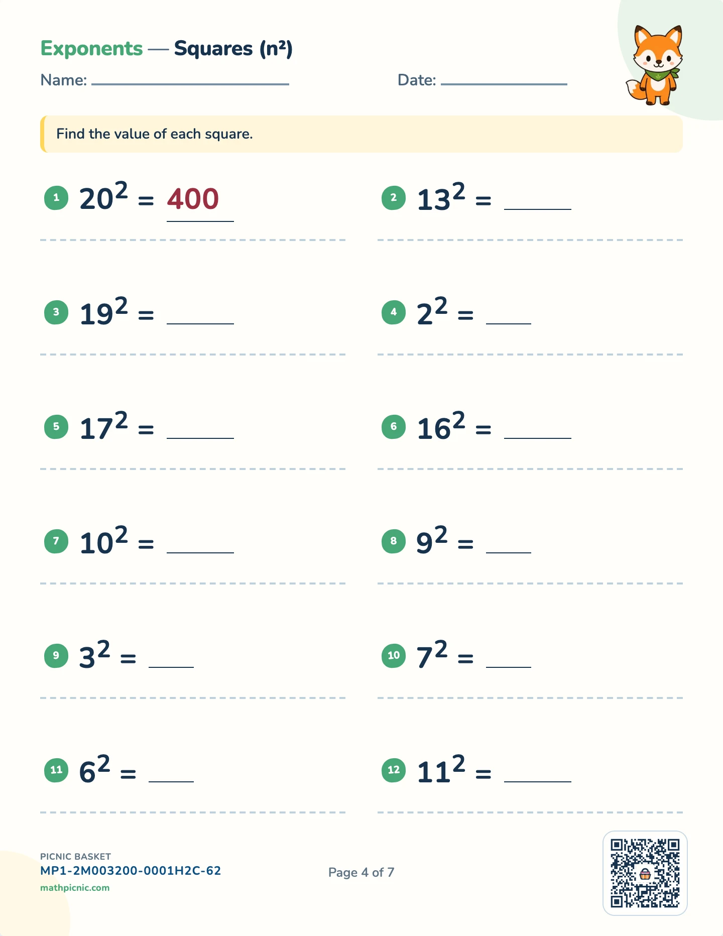 Patterns and powers pack — Squares worksheet