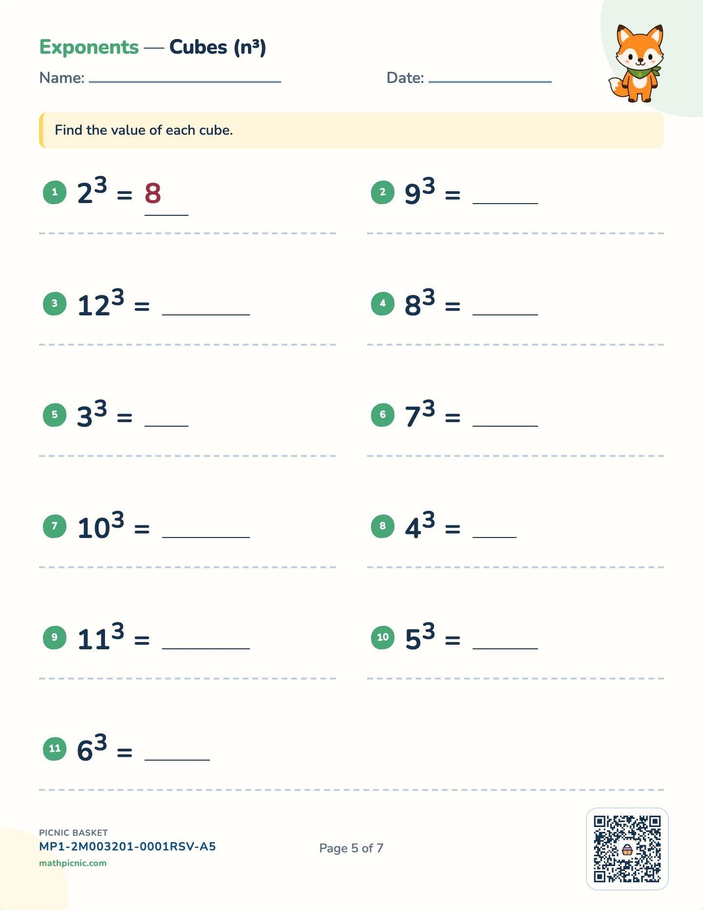 Patterns and powers pack — Cubes worksheet