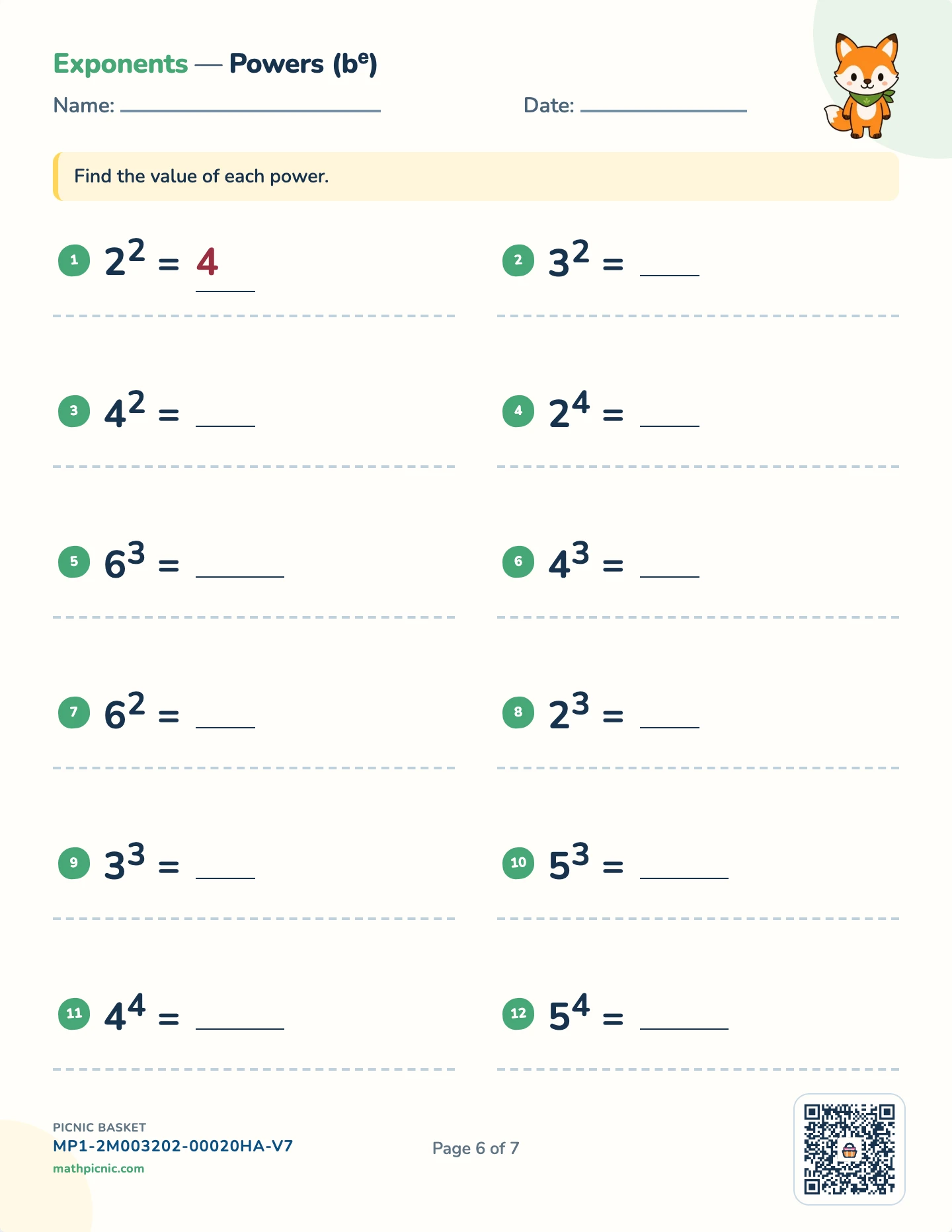 Patterns and powers pack — Powers worksheet