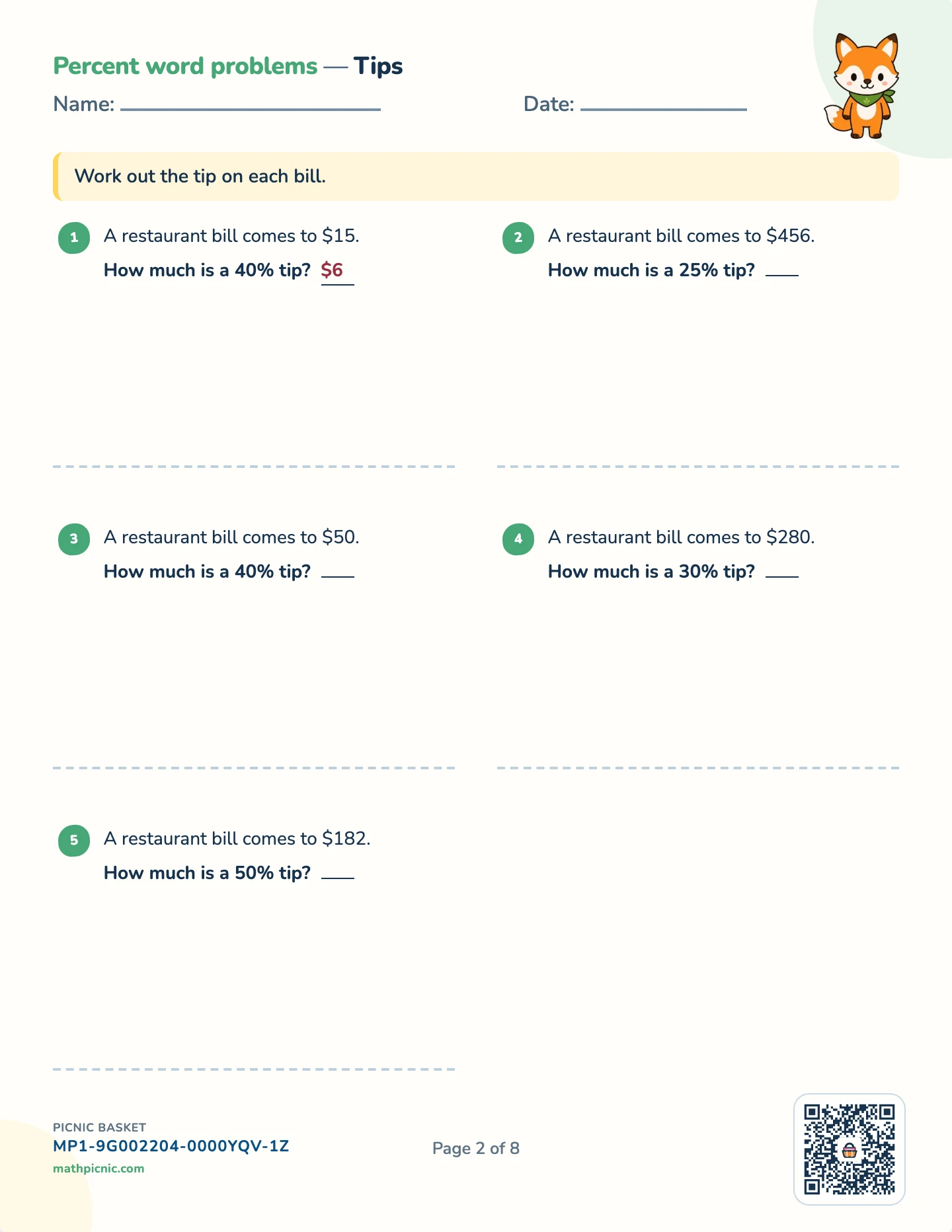 Percent problems pack — Tip worksheet