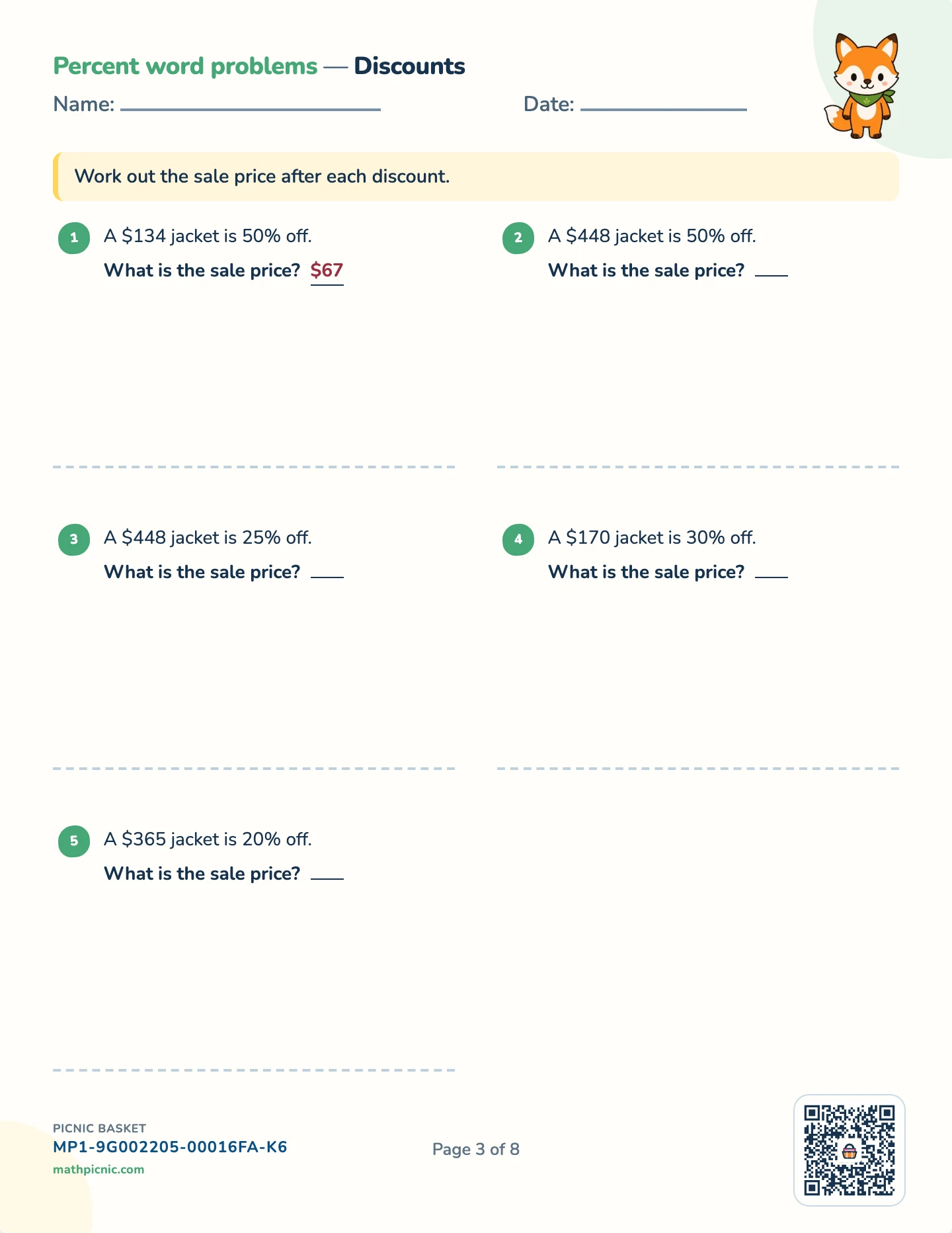 Percent problems pack — Discount worksheet