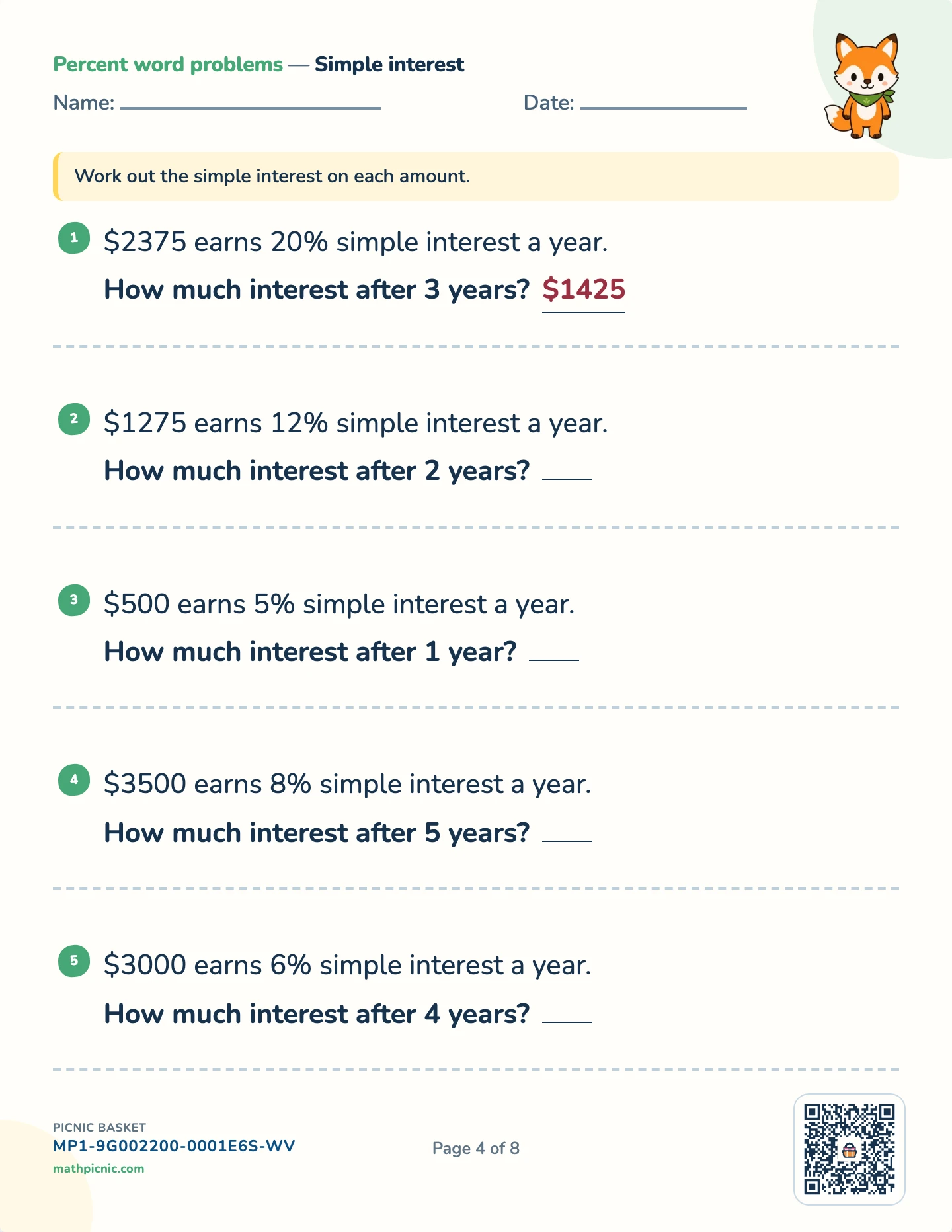 Percent problems pack — Simple interest worksheet