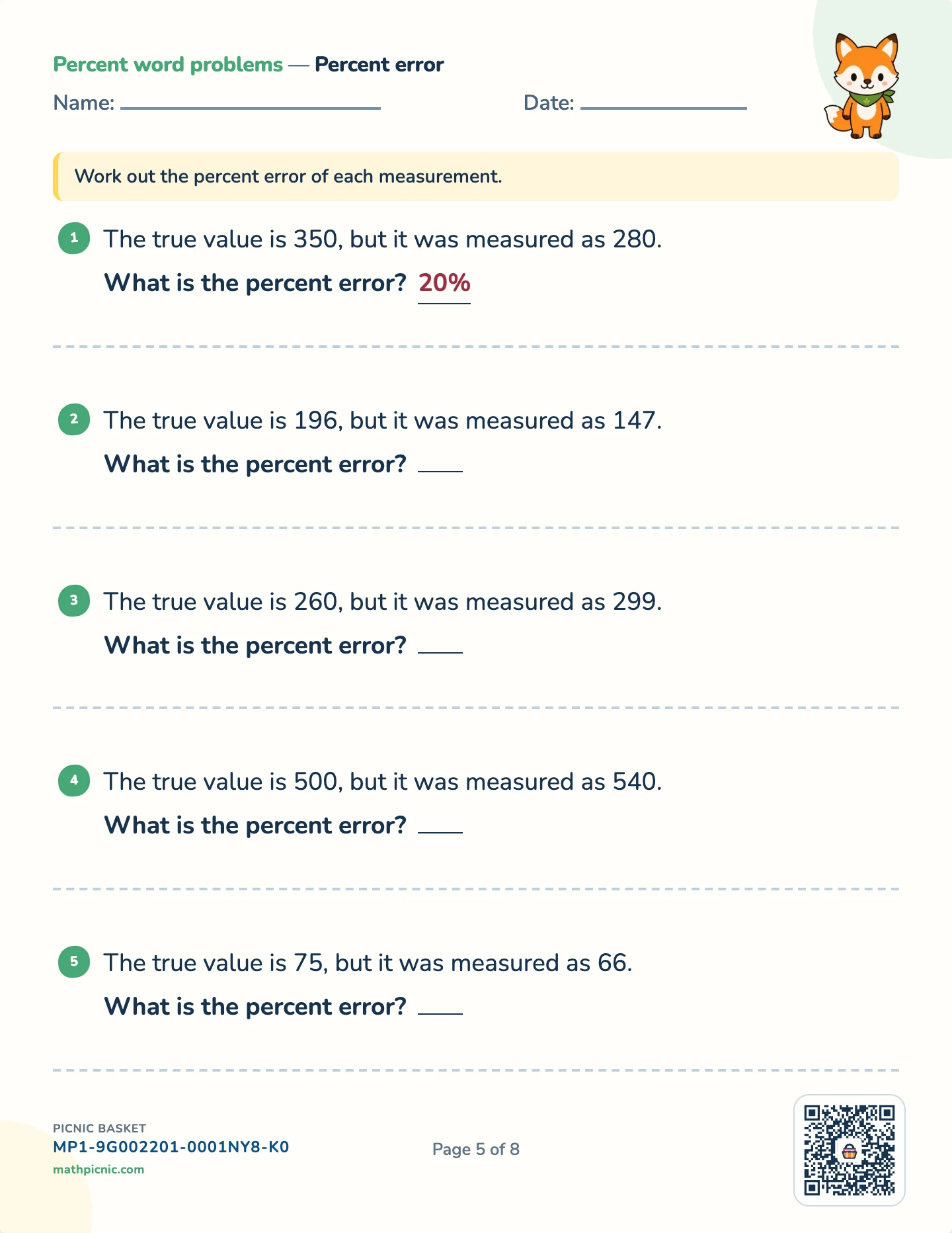 Percent problems pack — Percent error worksheet