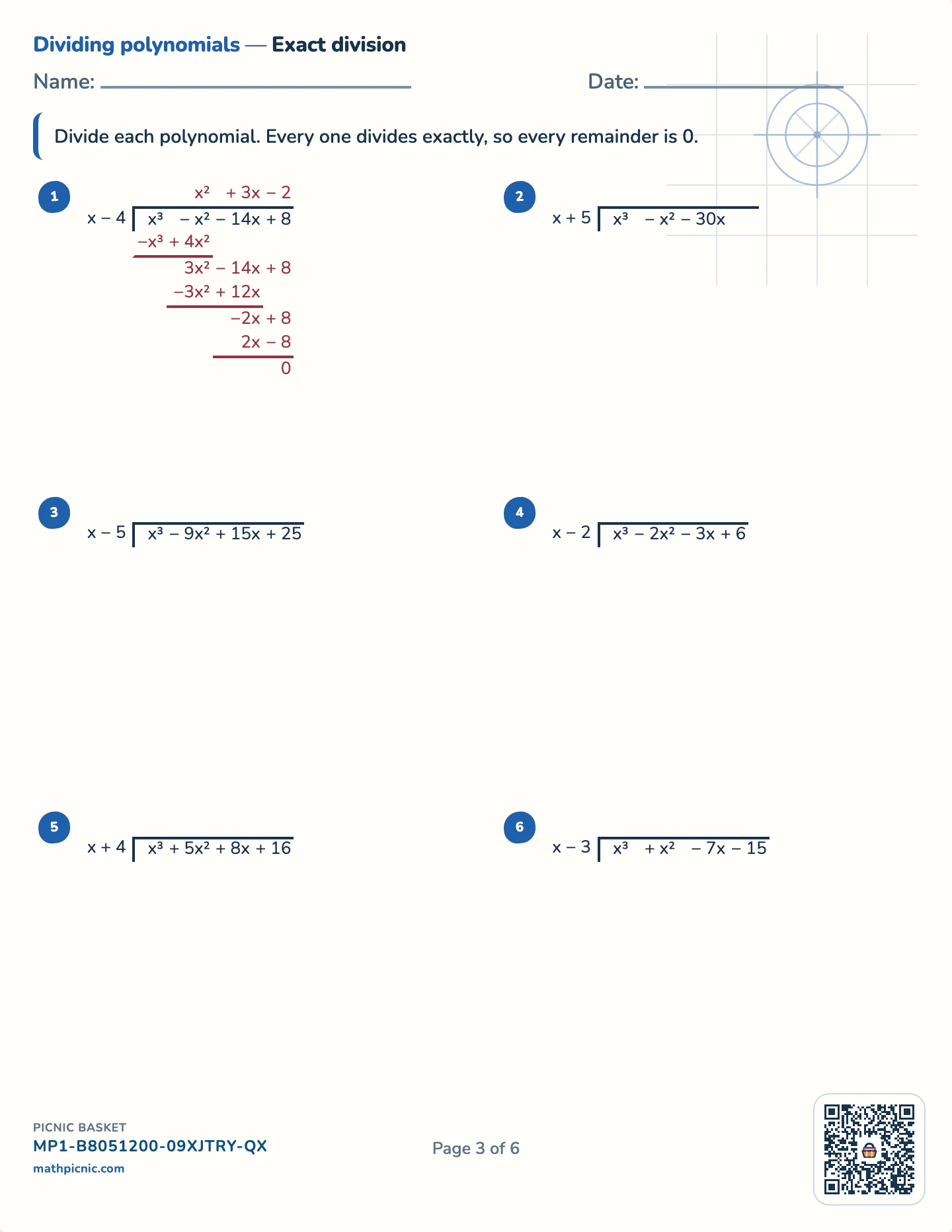 Factoring and dividing polynomials pack — Dividing exactly worksheet