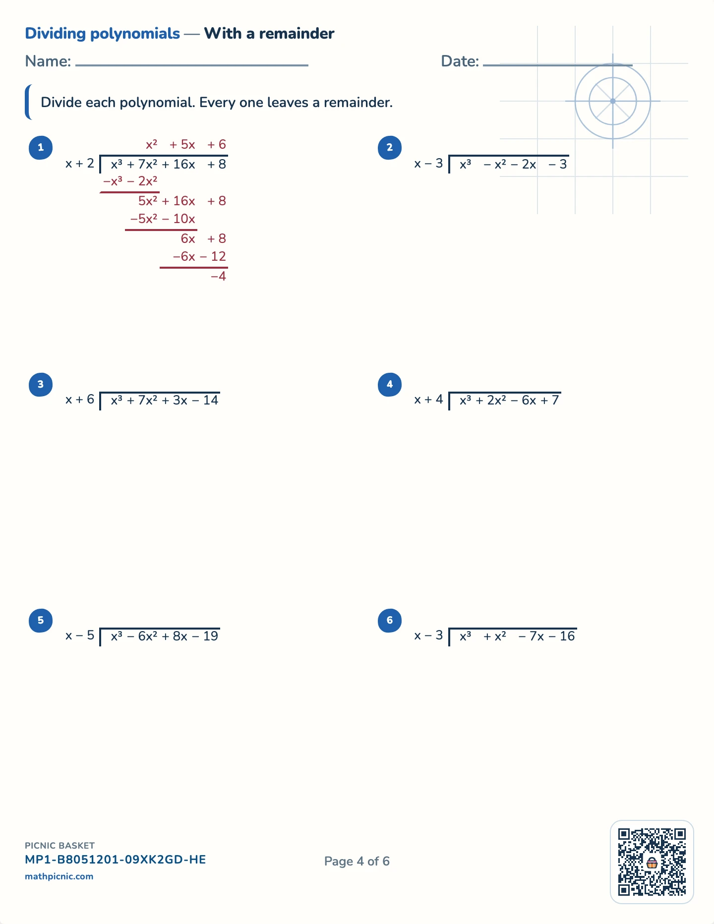 Factoring and dividing polynomials pack — Dividing with a remainder worksheet