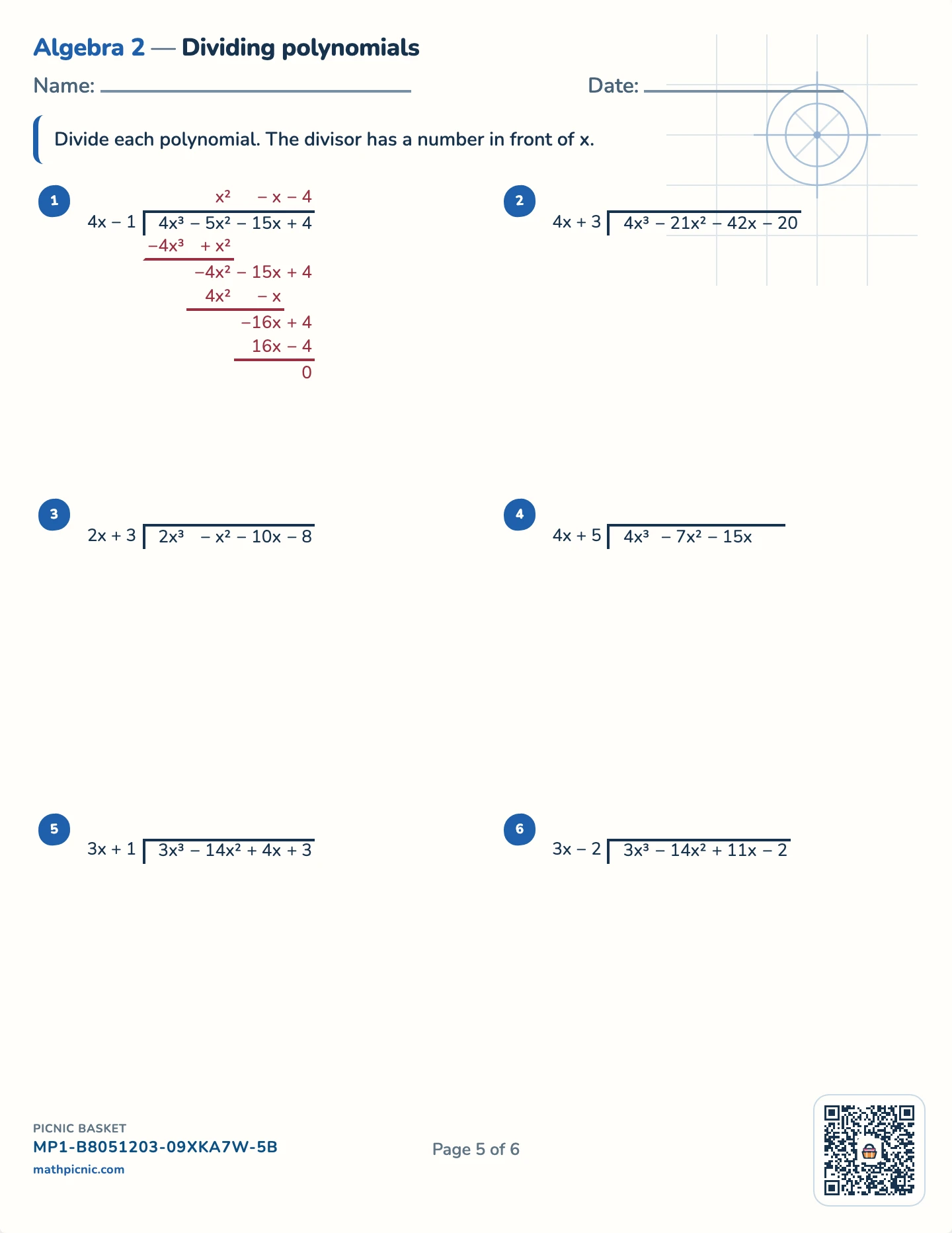 Factoring and dividing polynomials pack — A number in front of x worksheet