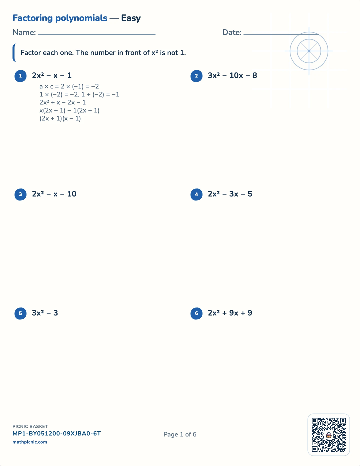 Factoring and dividing polynomials pack — Factoring quadratics worksheet