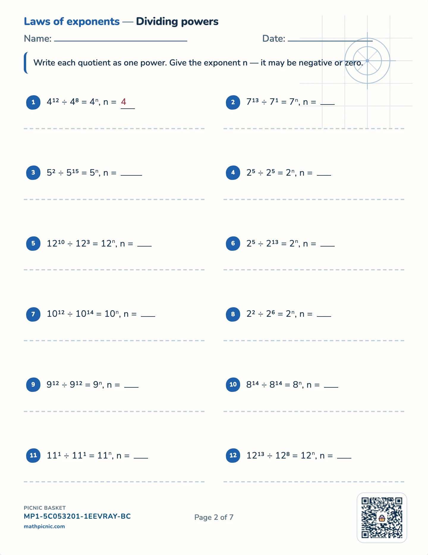 Powers, roots and scientific notation pack — Quotient rule worksheet