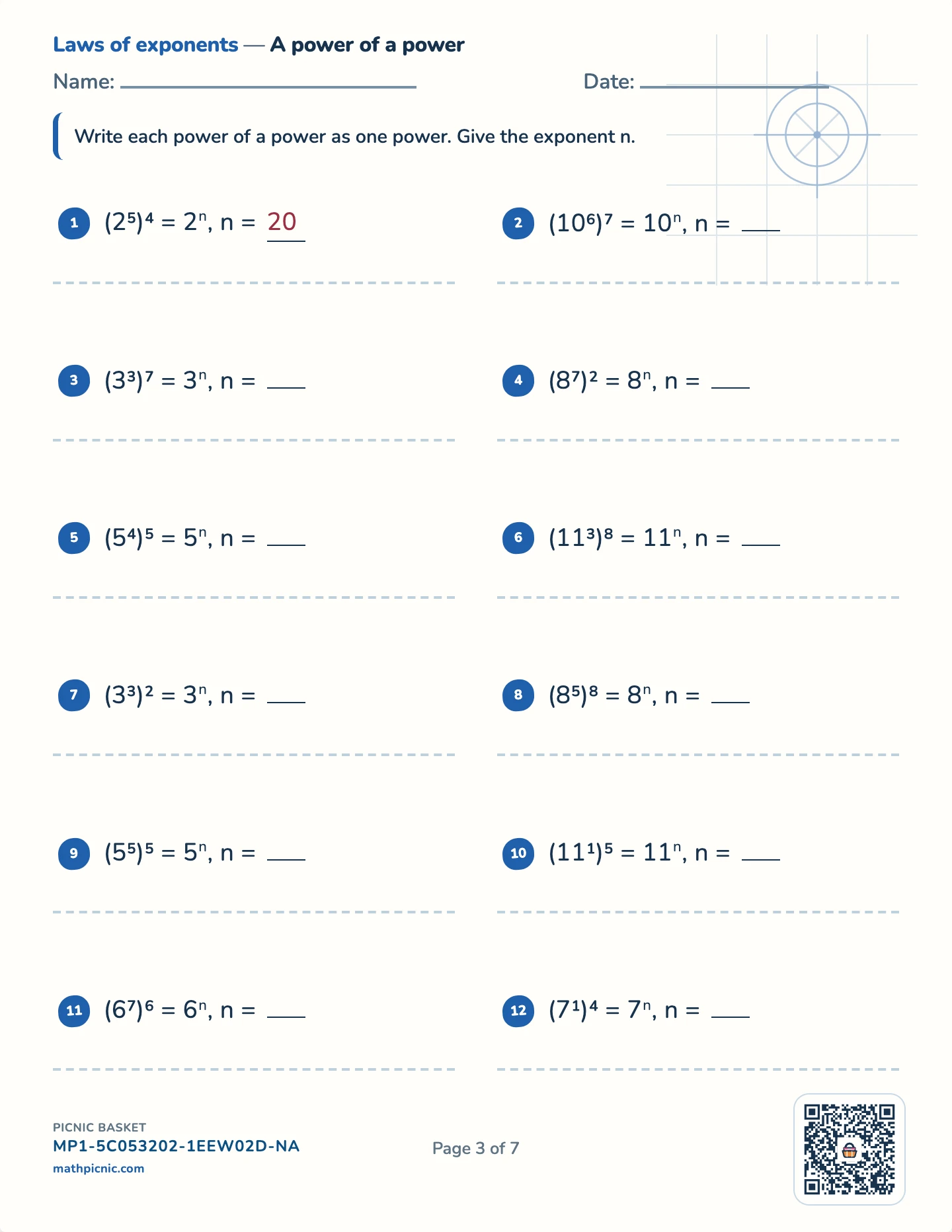 Powers, roots and scientific notation pack — Power of a power worksheet