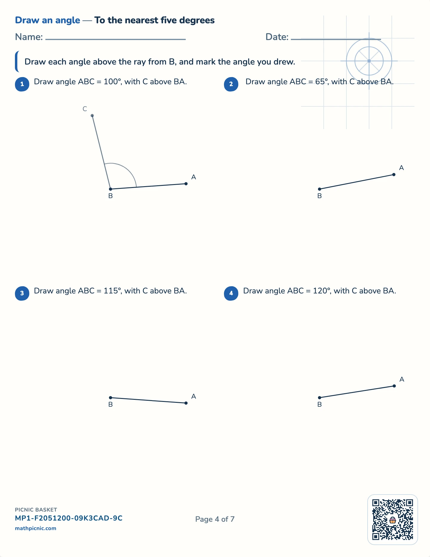 Measuring and drawing angles pack — Draw to the nearest 5° worksheet