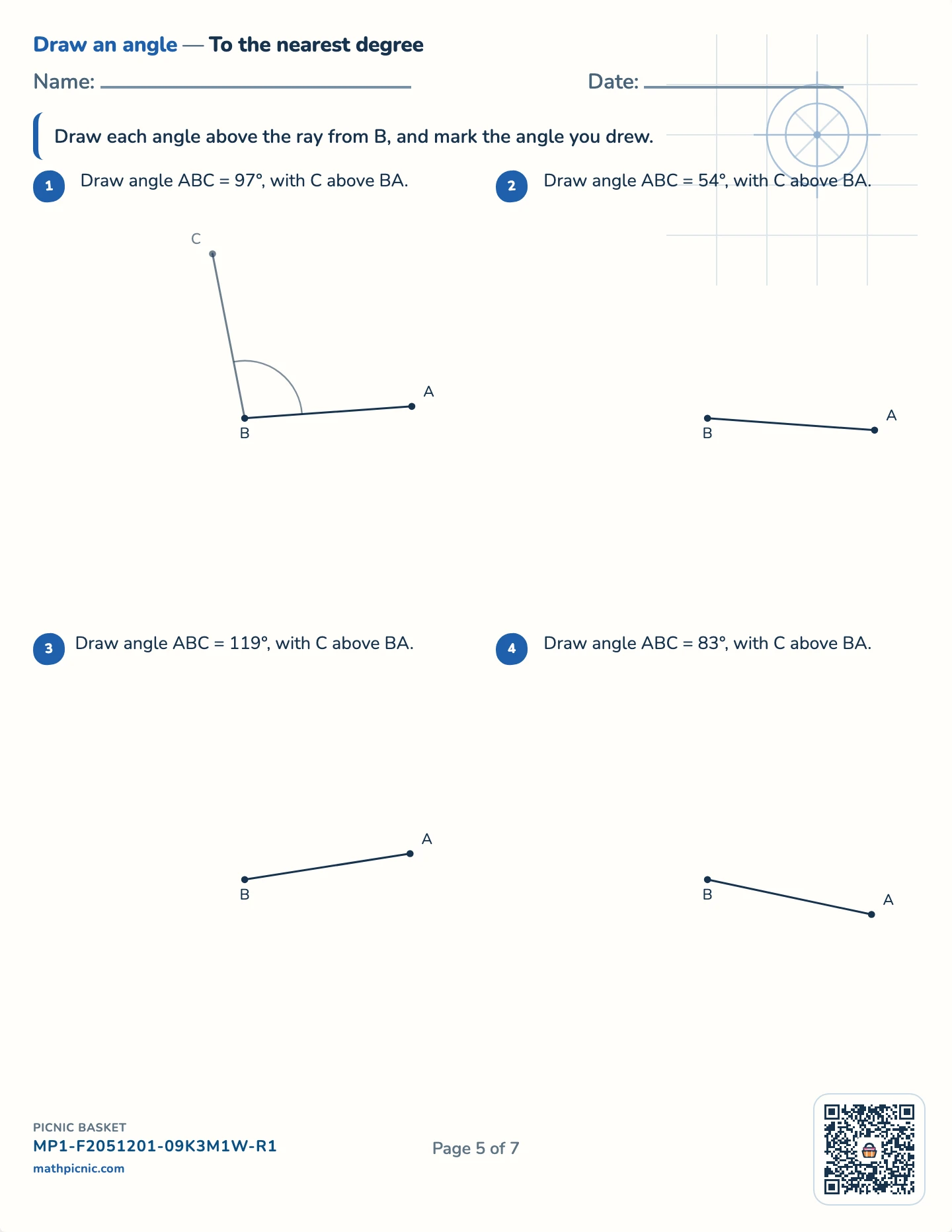 Measuring and drawing angles pack — Draw to the nearest degree worksheet