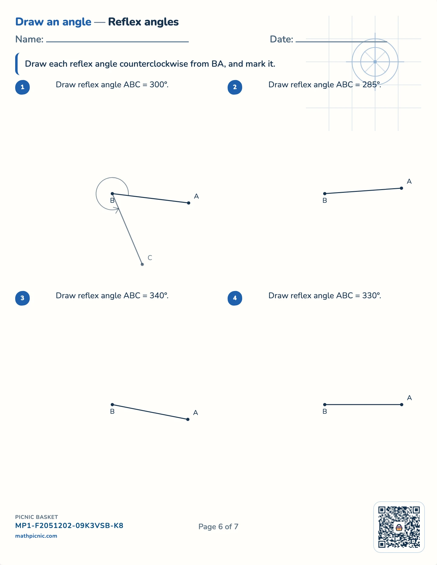 Measuring and drawing angles pack — Draw a reflex angle worksheet