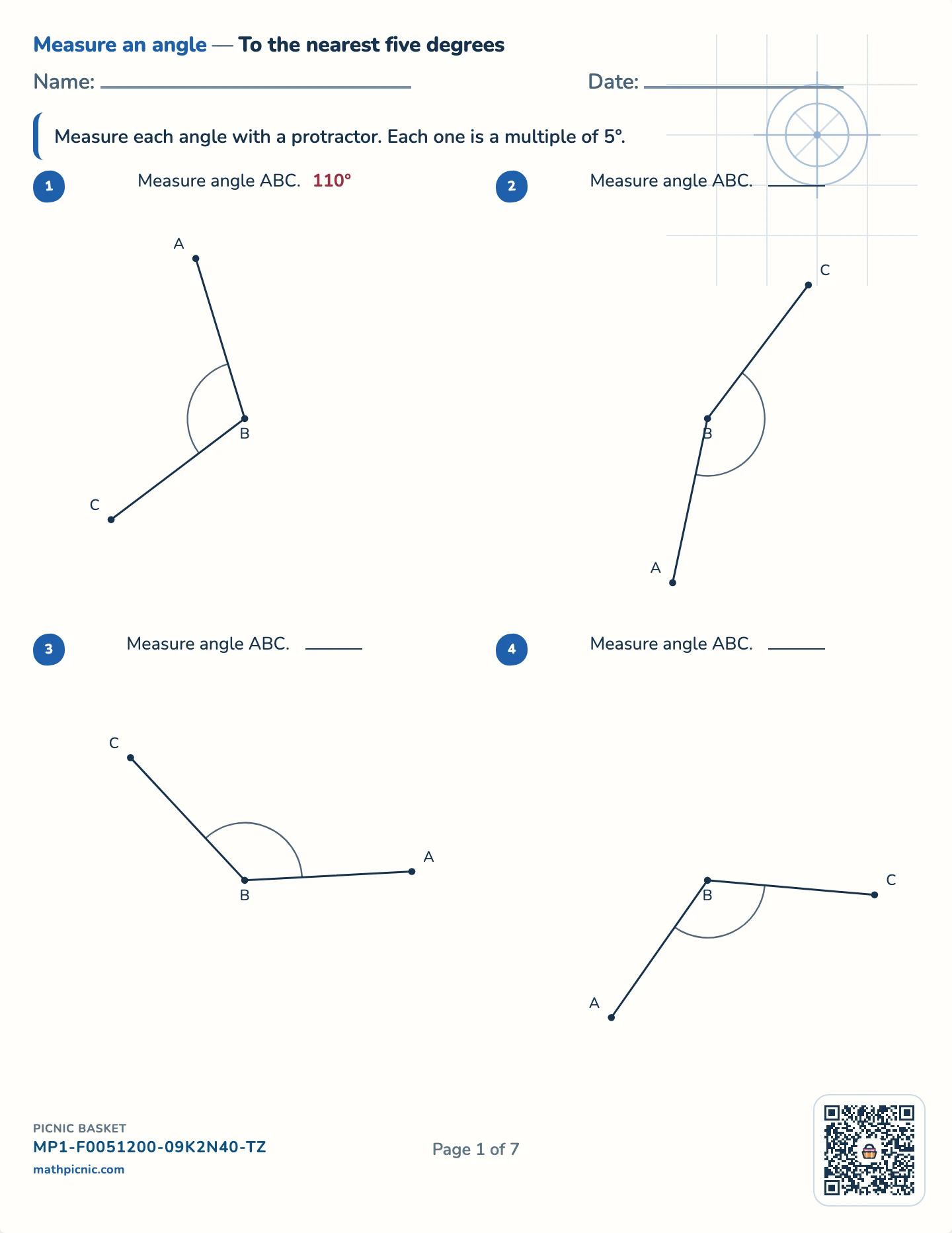 Measuring and drawing angles pack — Measure to the nearest 5° worksheet
