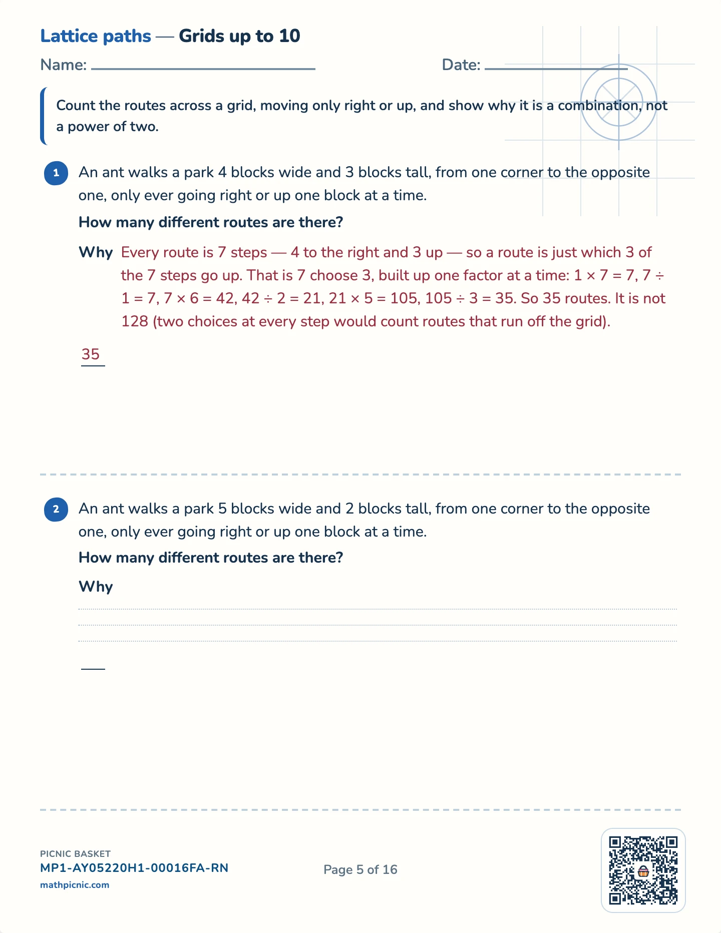 Counting puzzles pack — Lattice paths worksheet