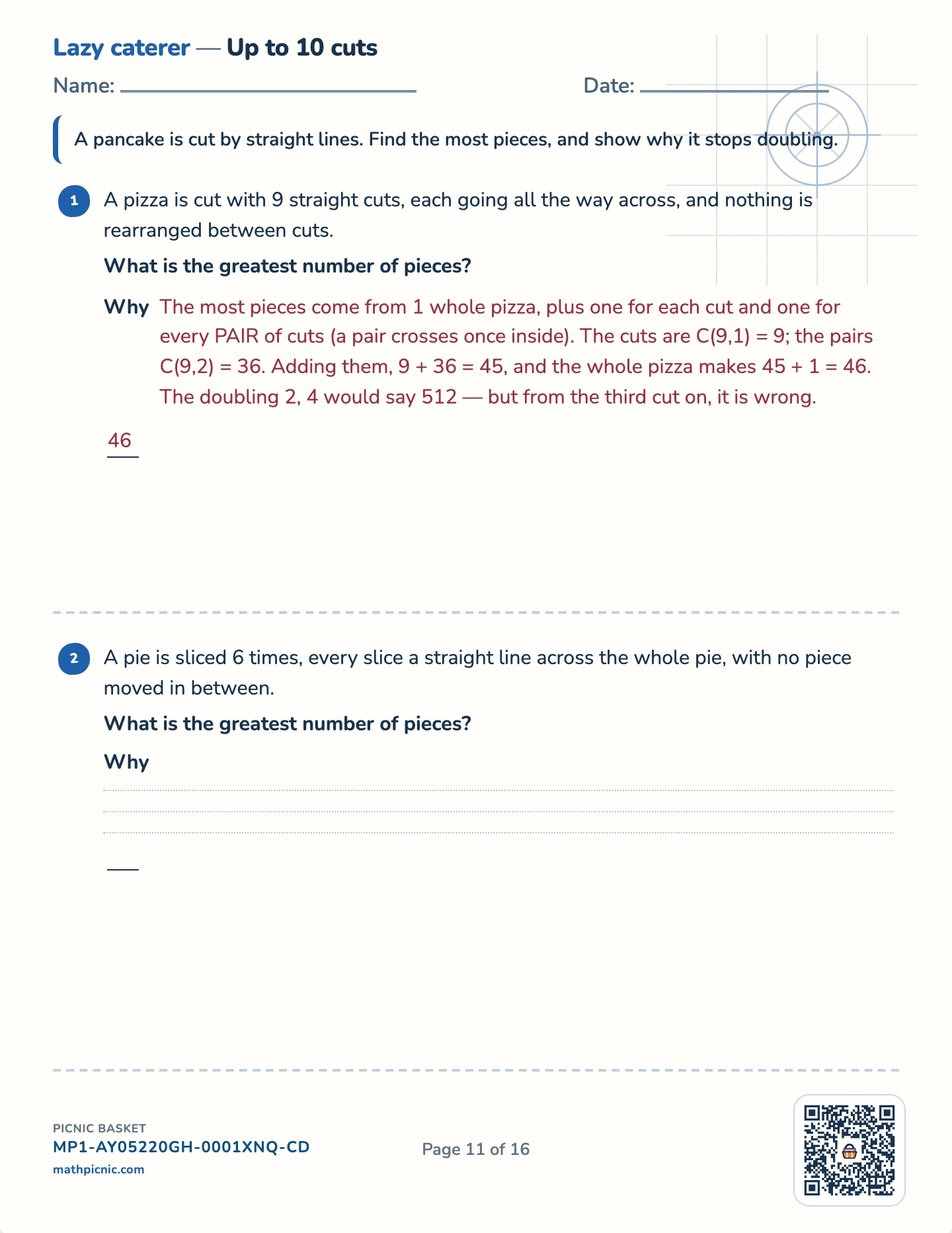 Counting puzzles pack — The lazy caterer worksheet