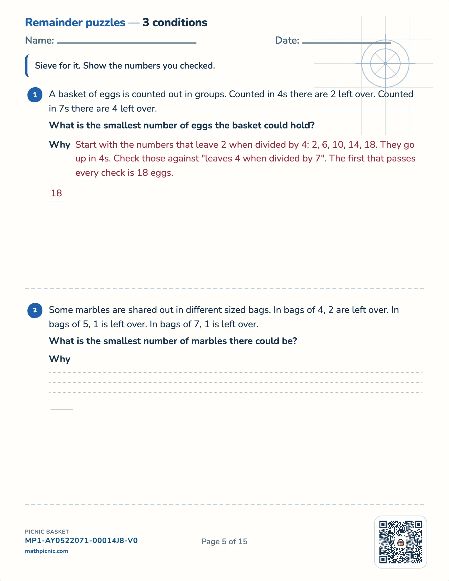 Number puzzles pack — A number from its remainders worksheet