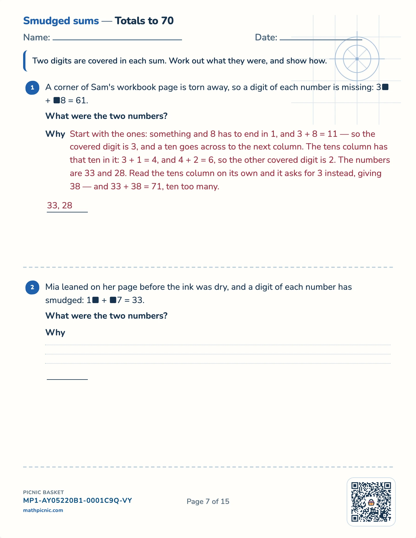 Number puzzles pack — The smudged sum worksheet