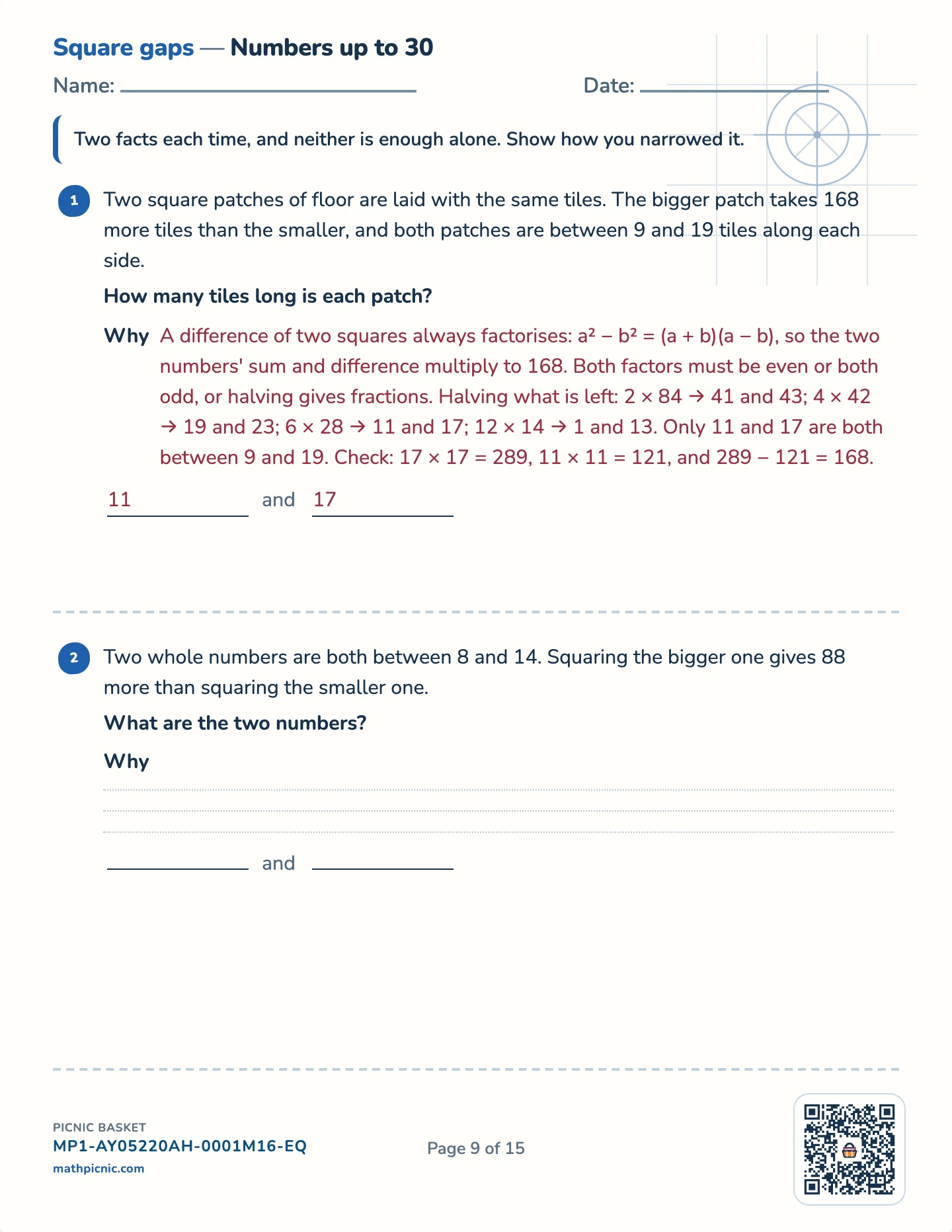 Number puzzles pack — The gap between two squares worksheet
