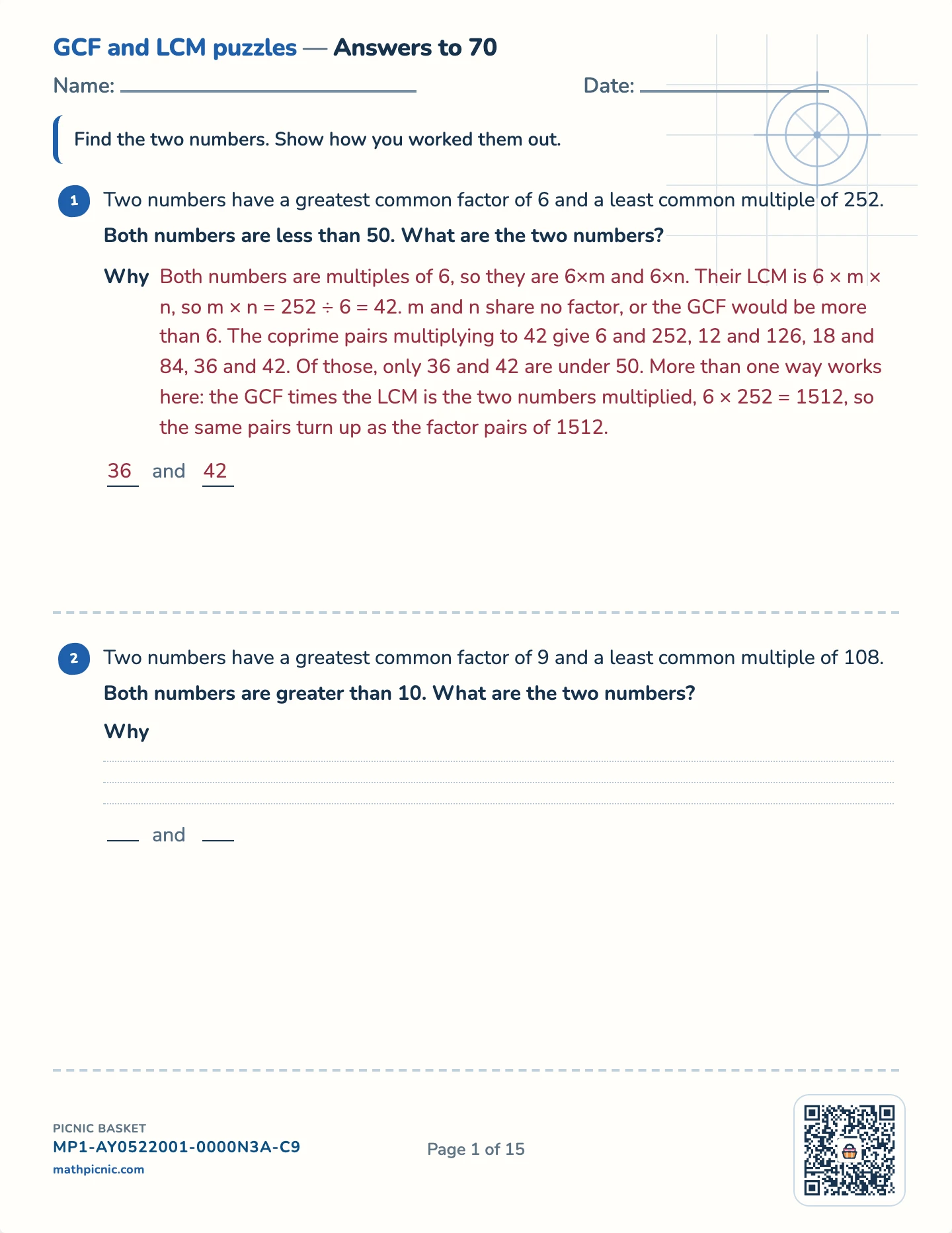Number puzzles pack — GCF and LCM worksheet