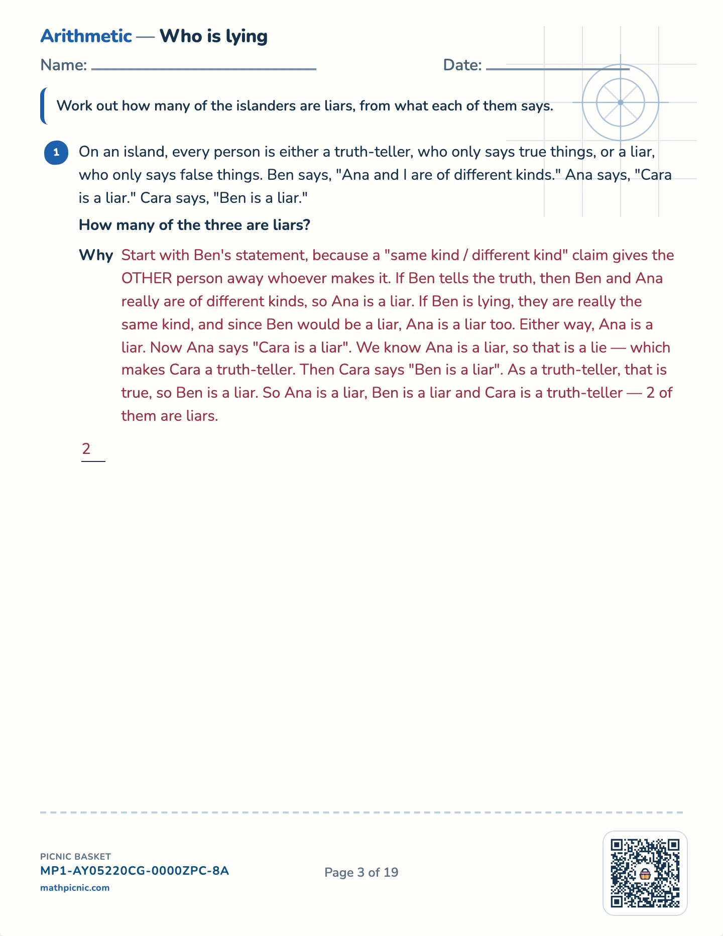 Reasoning puzzles pack — Truth-tellers and liars worksheet