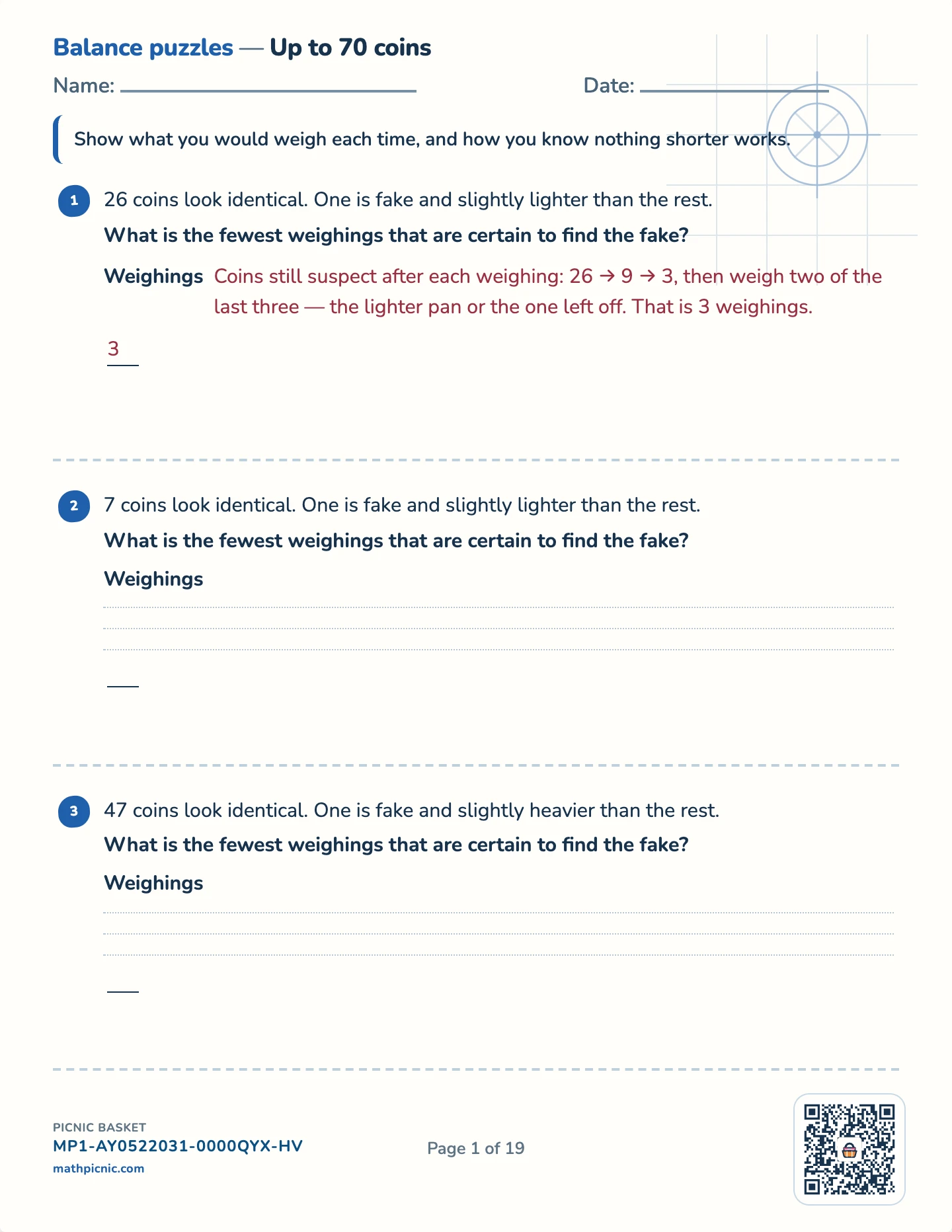 Reasoning puzzles pack — The fake coin worksheet