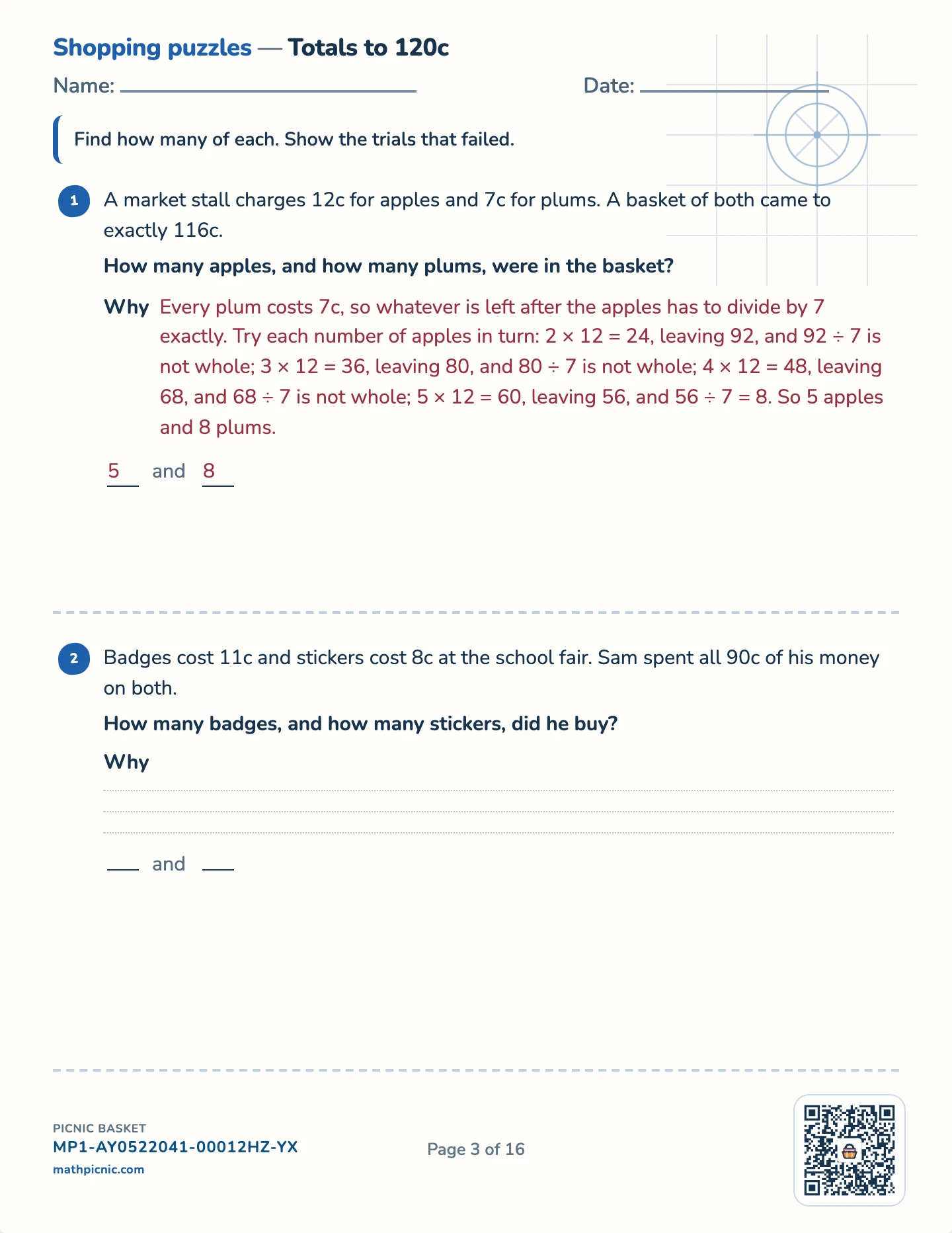 Two-unknown puzzles pack — One equation, two unknowns worksheet