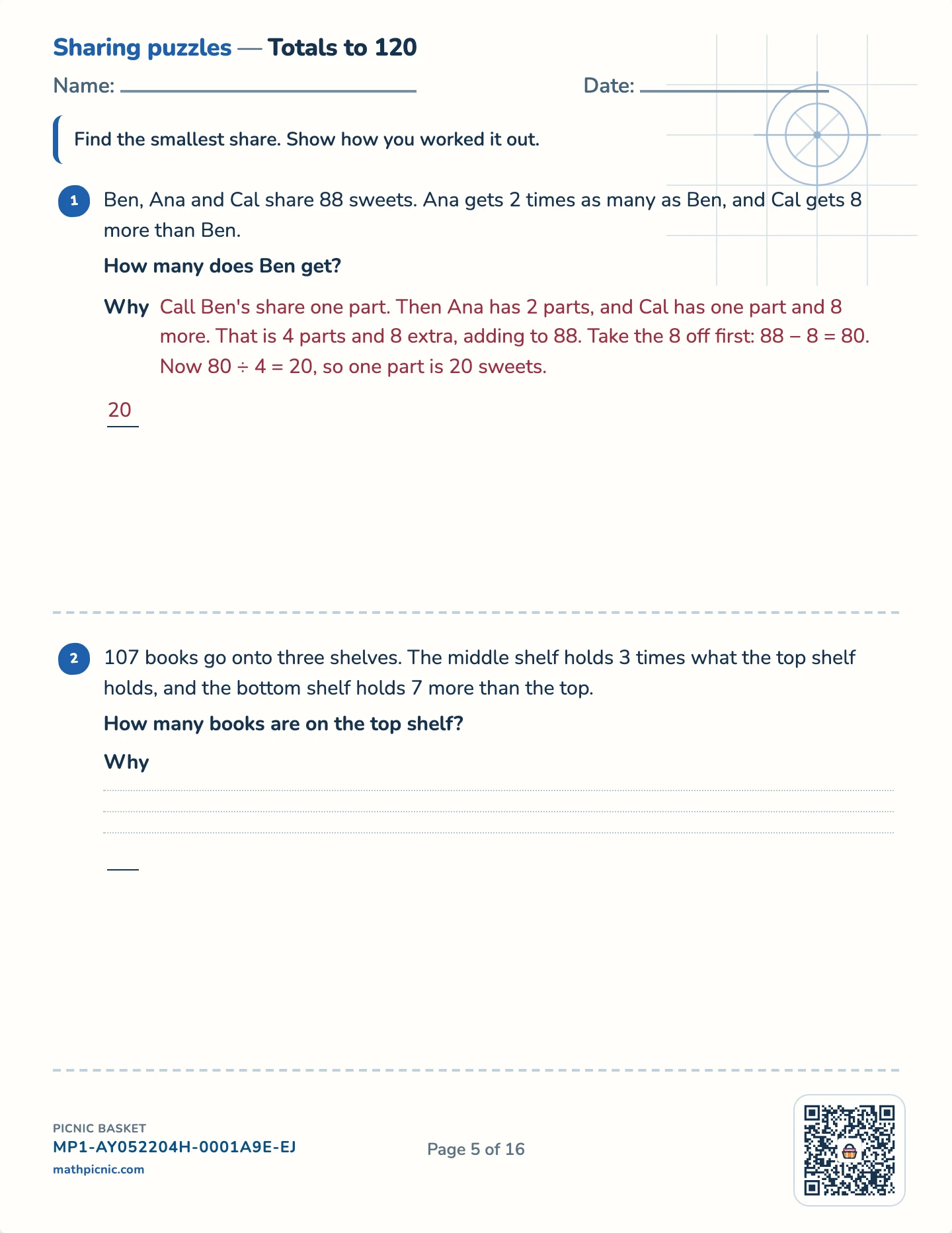 Two-unknown puzzles pack — Three shares from one total worksheet
