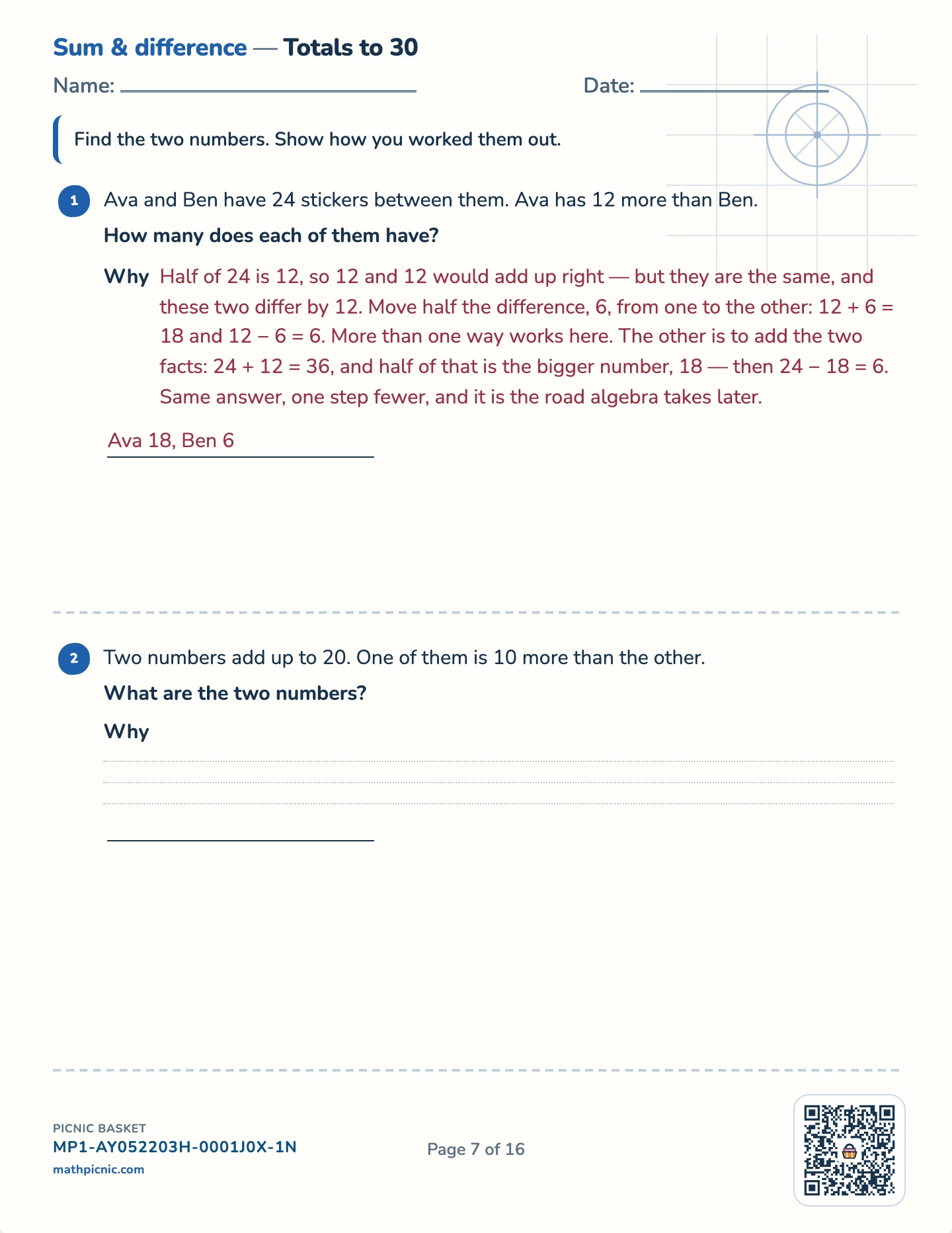 Two-unknown puzzles pack — Sum and difference worksheet