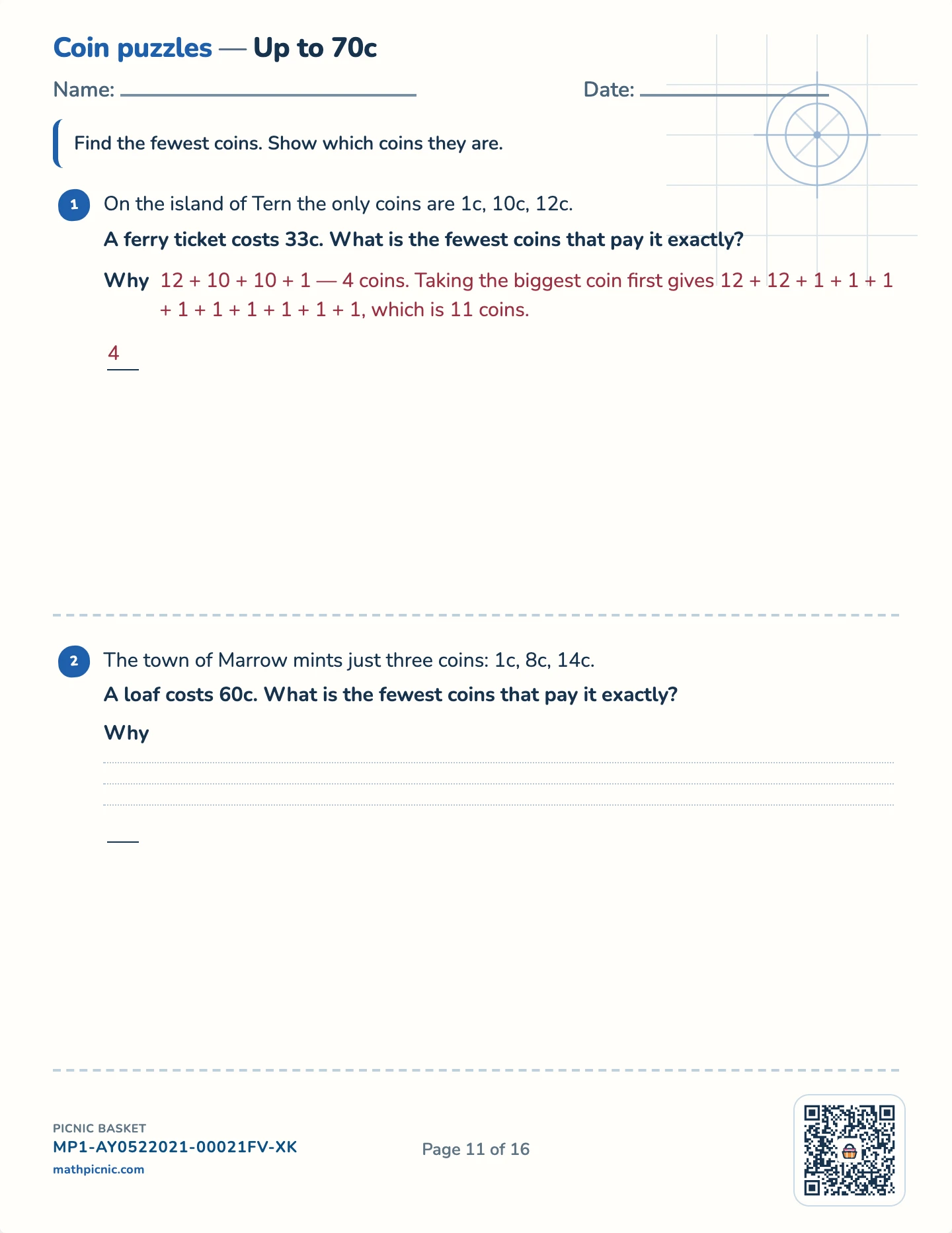 Two-unknown puzzles pack — Fewest coins worksheet