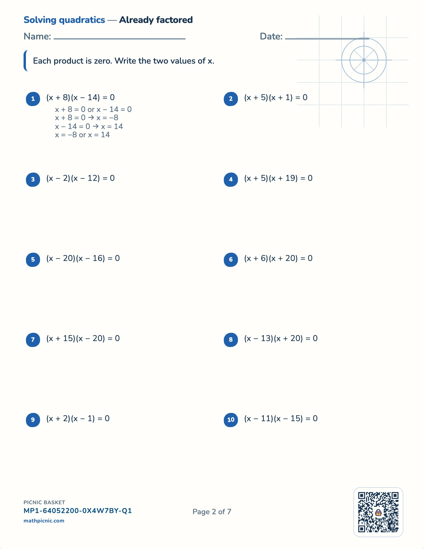 Quadratic equations pack — Already factored worksheet