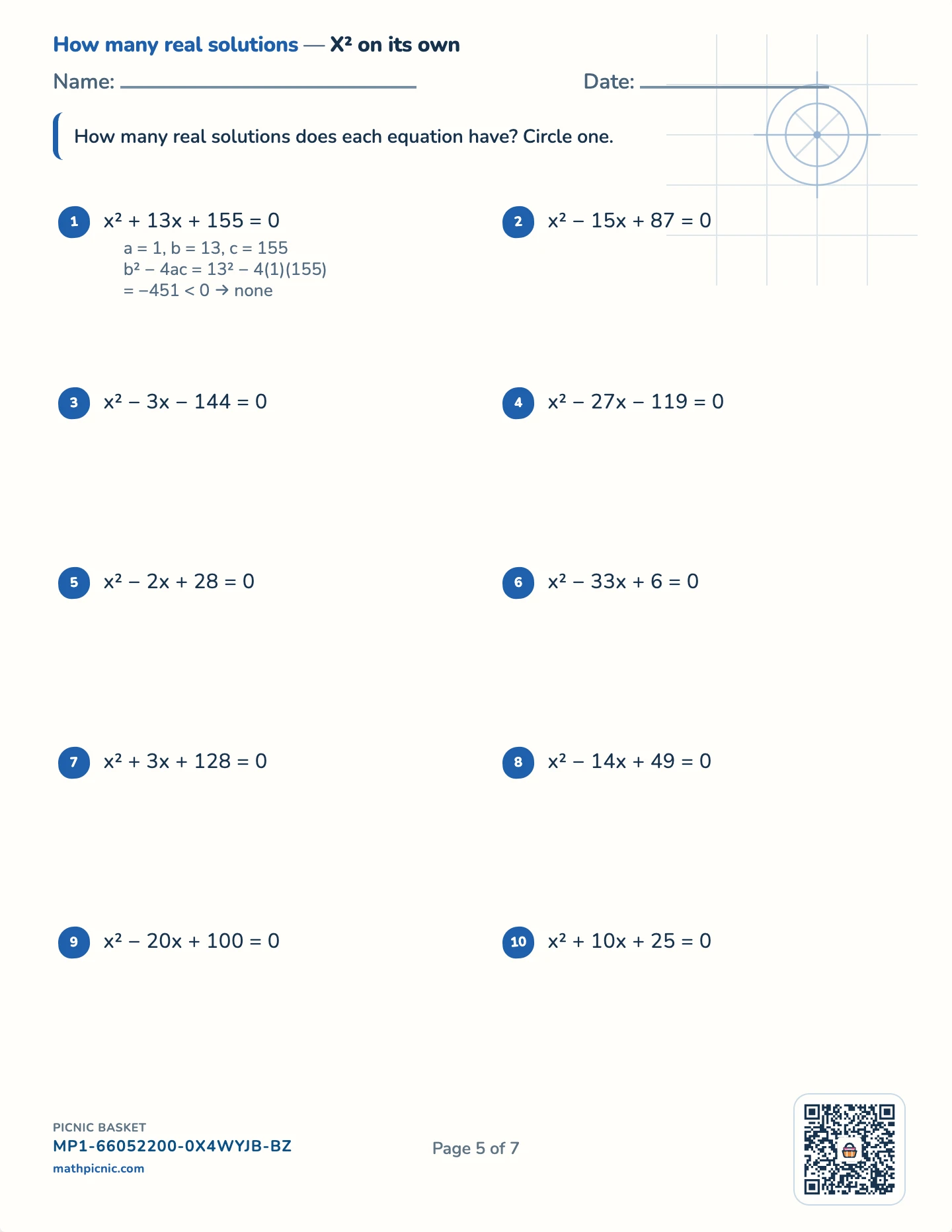 Quadratic equations pack — Real solutions worksheet
