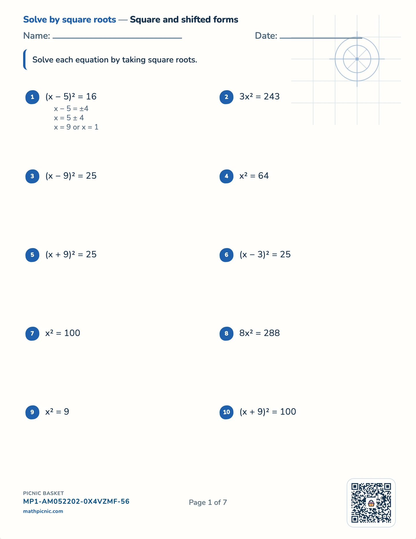 Quadratic equations pack — By square roots worksheet