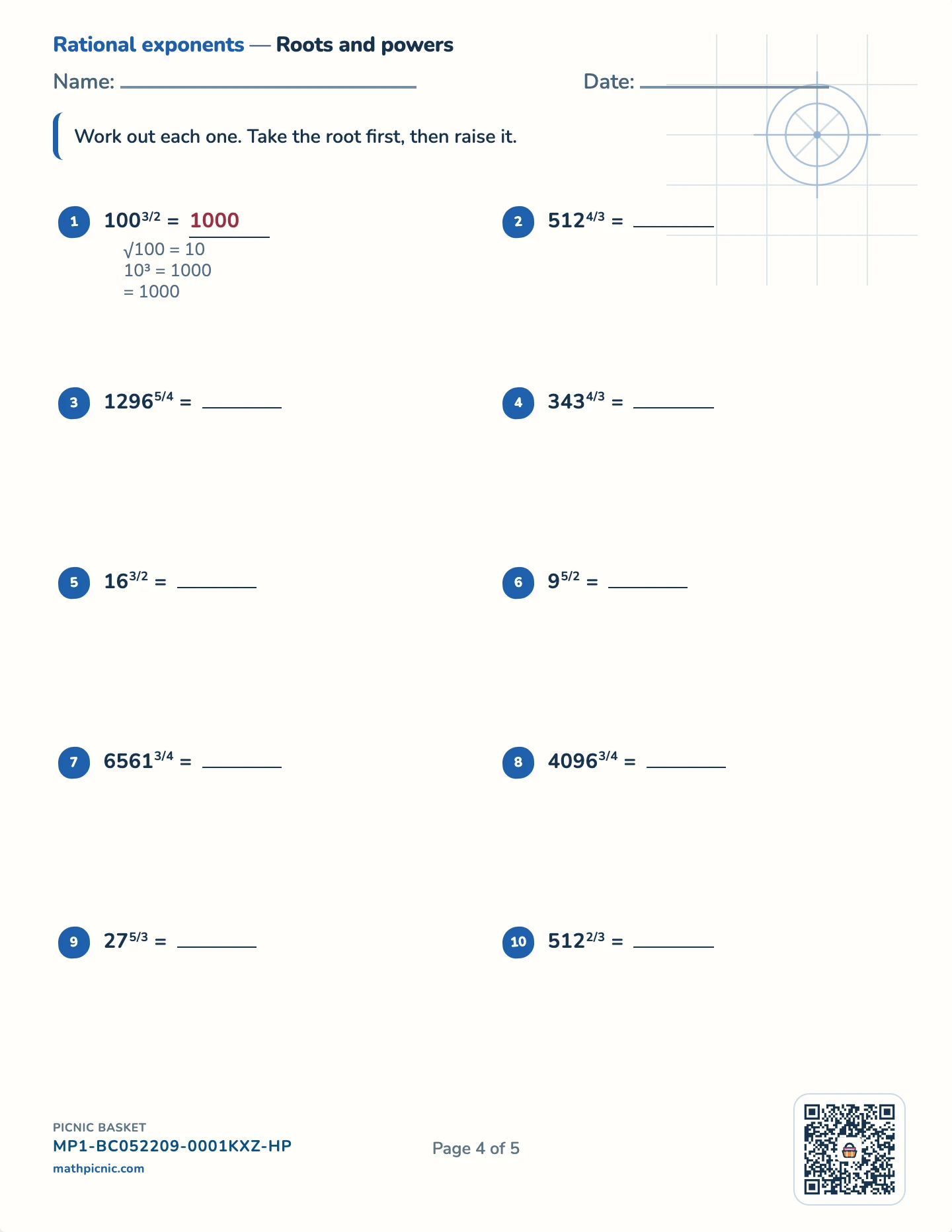 Radicals and rational exponents pack — Roots and powers worksheet