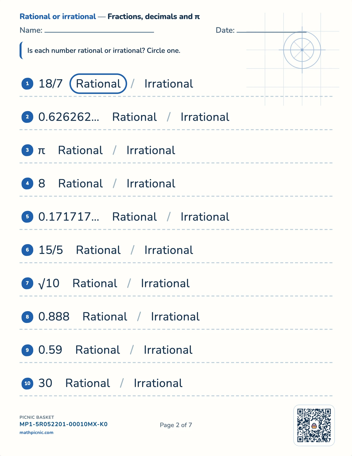 Rational, irrational and estimating roots pack — Fractions, decimals and π worksheet