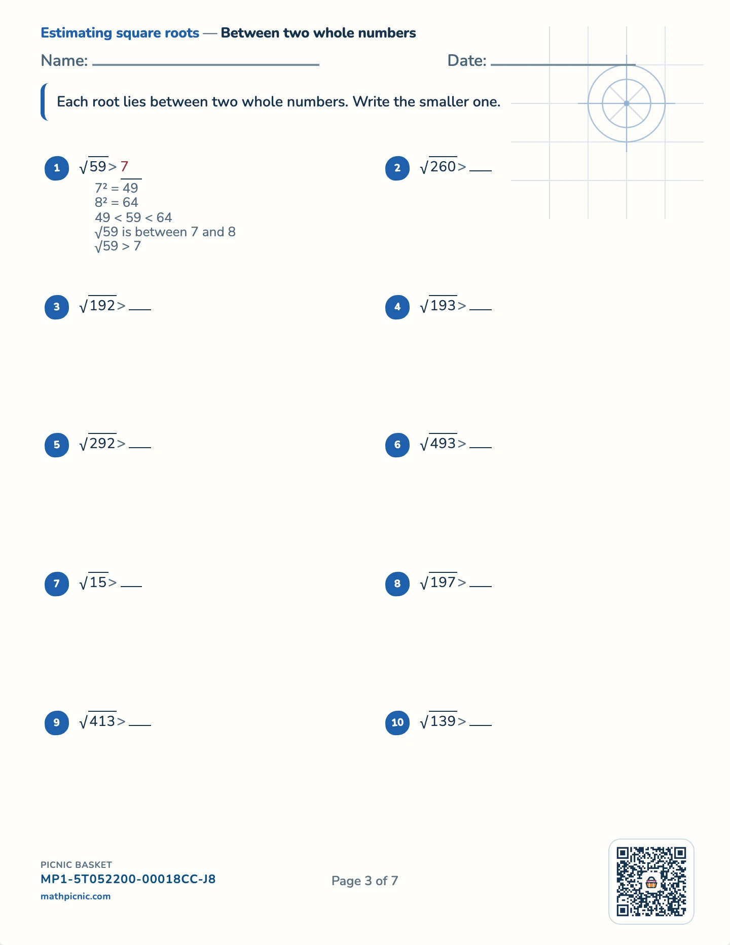 Rational, irrational and estimating roots pack — Between two whole numbers worksheet