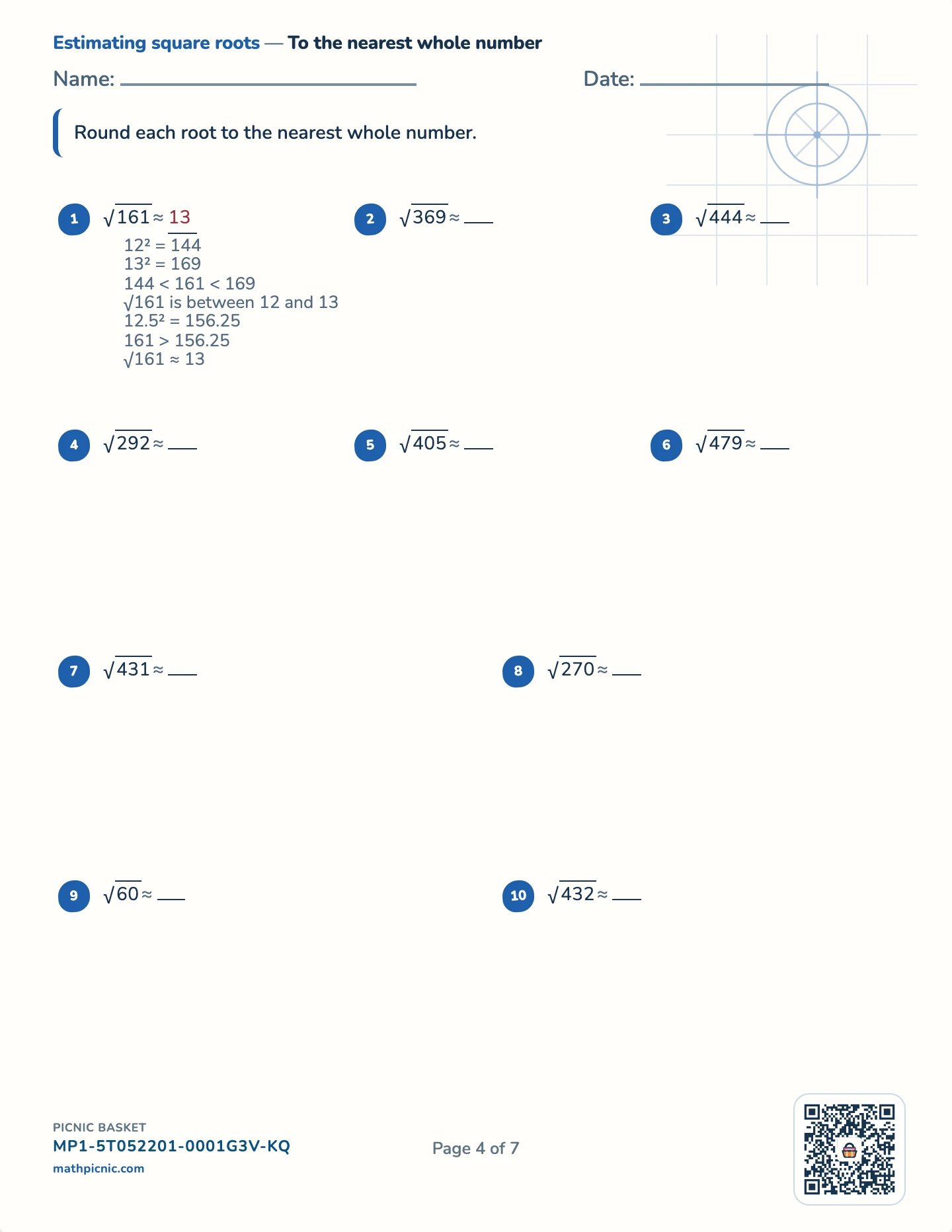 Rational, irrational and estimating roots pack — To the nearest whole number worksheet
