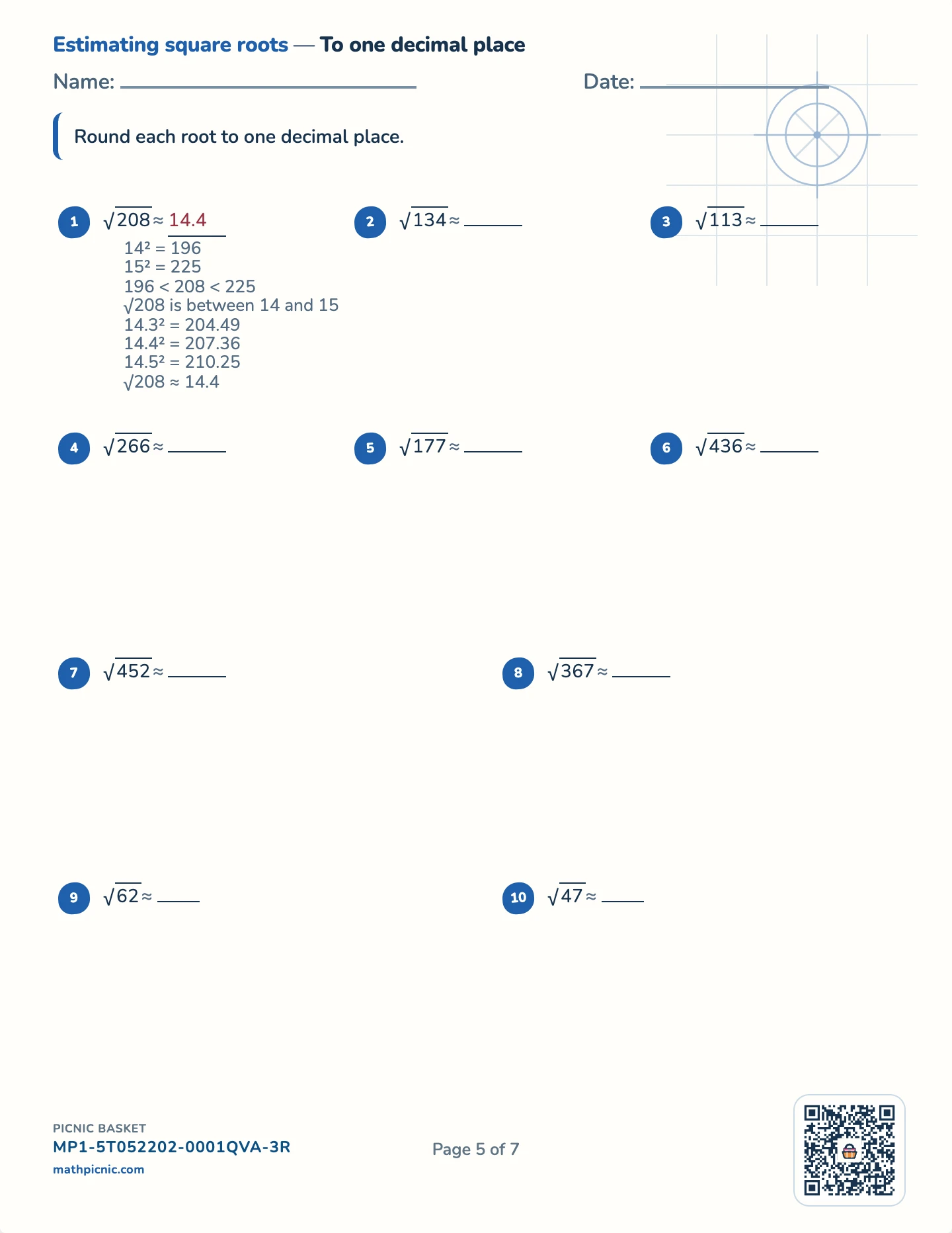 Rational, irrational and estimating roots pack — To one decimal place worksheet