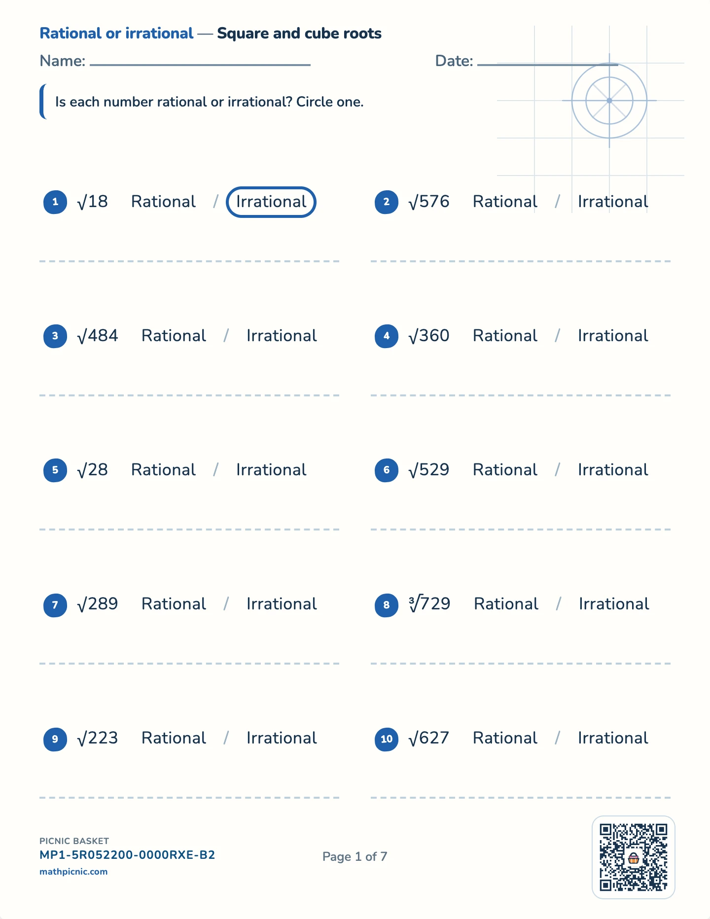 Rational, irrational and estimating roots pack — Roots: rational? worksheet