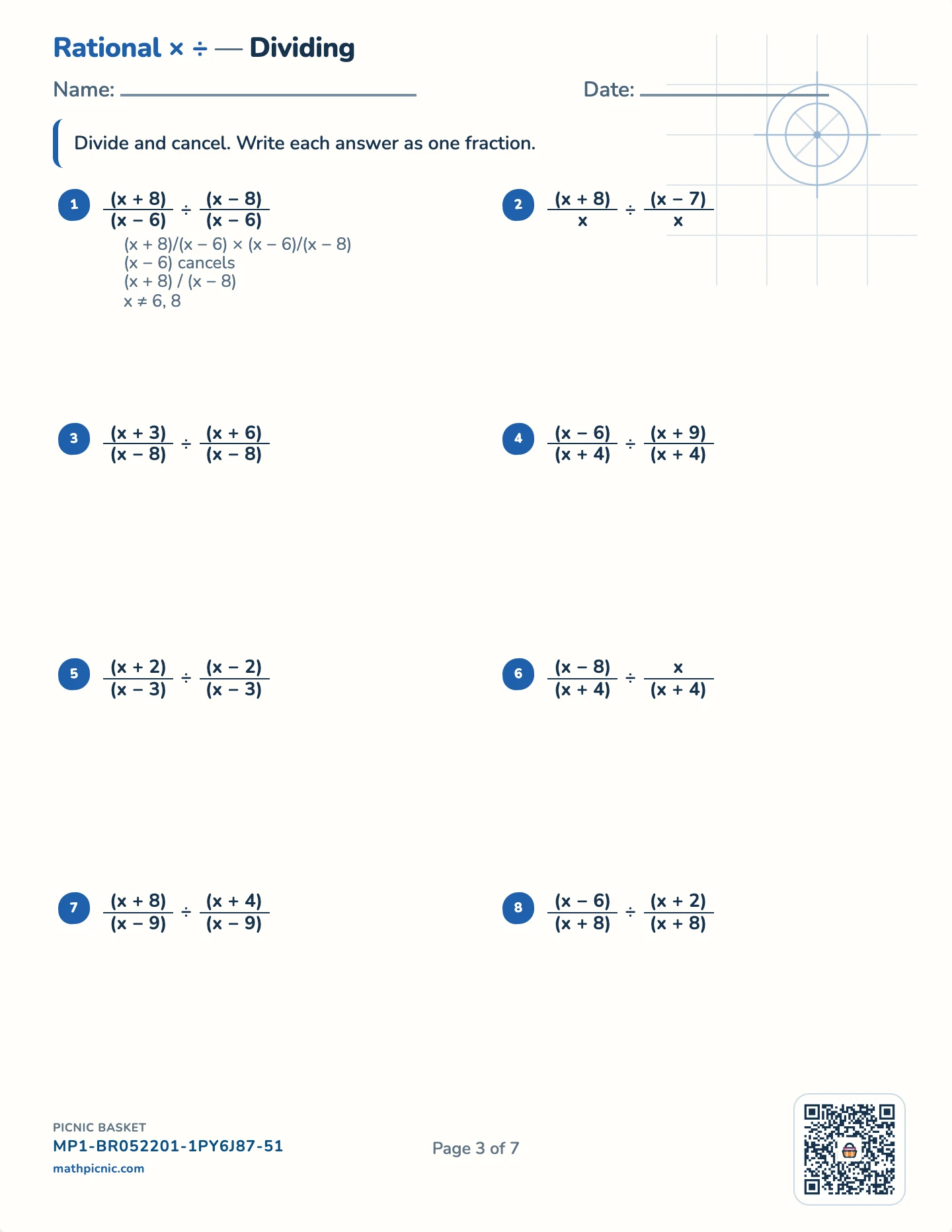 Rational expressions pack — Dividing worksheet