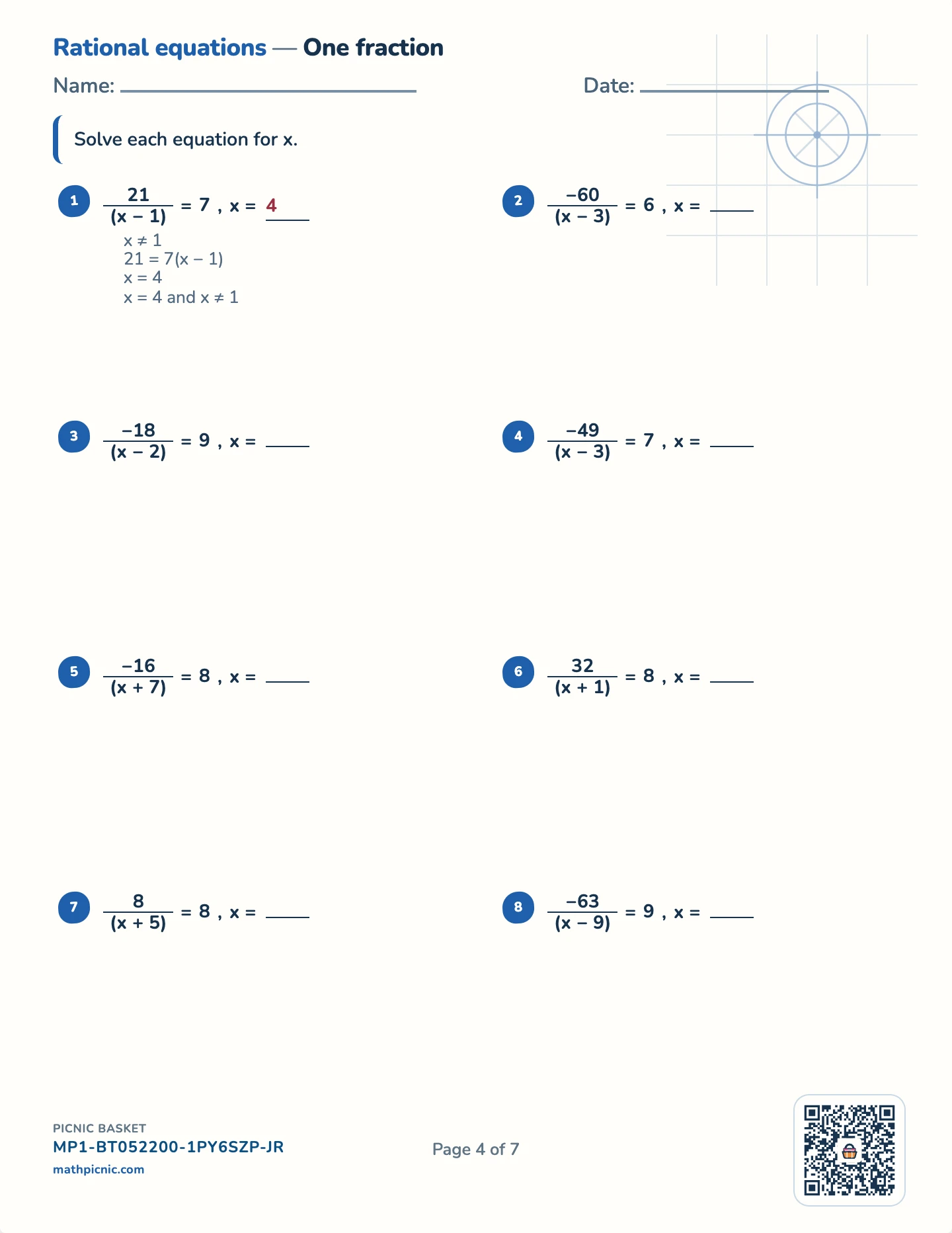 Rational expressions pack — Solving: one fraction worksheet